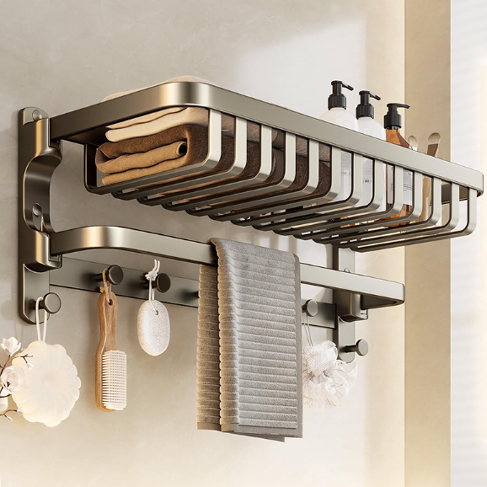 AYCDL Self-Adhesive Aluminium Towel Rack with Double Bar Hooks - 50cm Wall-Mounted Bathroom & Kitchen nizer for Towels Utensils and More