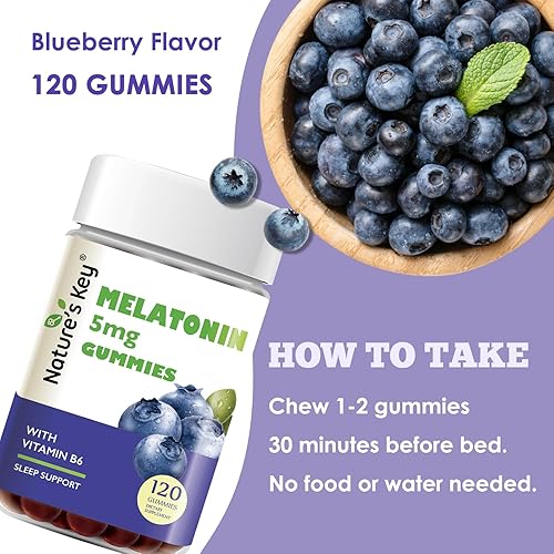 Miniatura 10 de Nature's Key Melatonin Gummies for Kids & Adults, 5mg Dose Gummy with Vitamin B6, Non-GMO,Gluten-Free-Natural Blueberry Flavor 60 Count