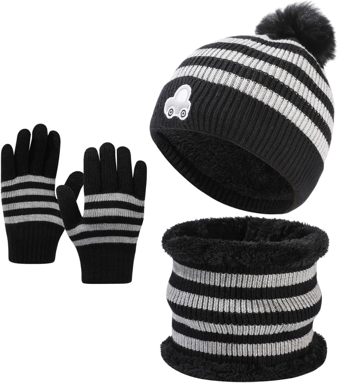 Winter Warm Knit Set for Kids Fleece Lined Hat Scarf Gloves with Cartoon Car and Snowflake Designs Unisex Gift Idea