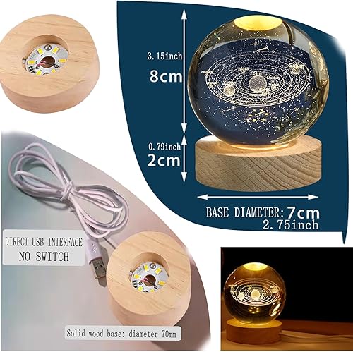 Miniatura 9 de Bola de cristal de astronauta 3D, luz nocturna, decoración de fantasía con base de madera, lámpara de noche holográfica con grabado láser 3D,