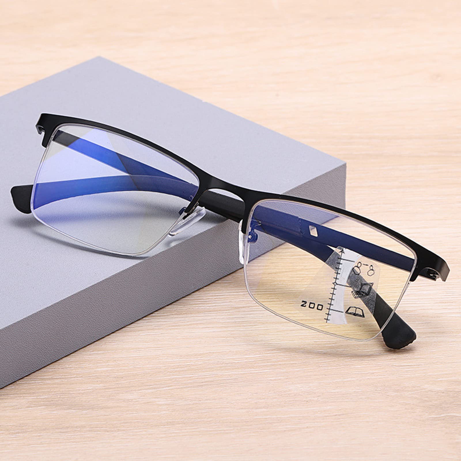 Gafas de Lectura de Medio Marco para Hombres Gafas de Ancianos HD de Enfoque Múltiple Progresivo con Bisagra Elástica Lector de Marco de Metal de Negocios,Black-+3.00