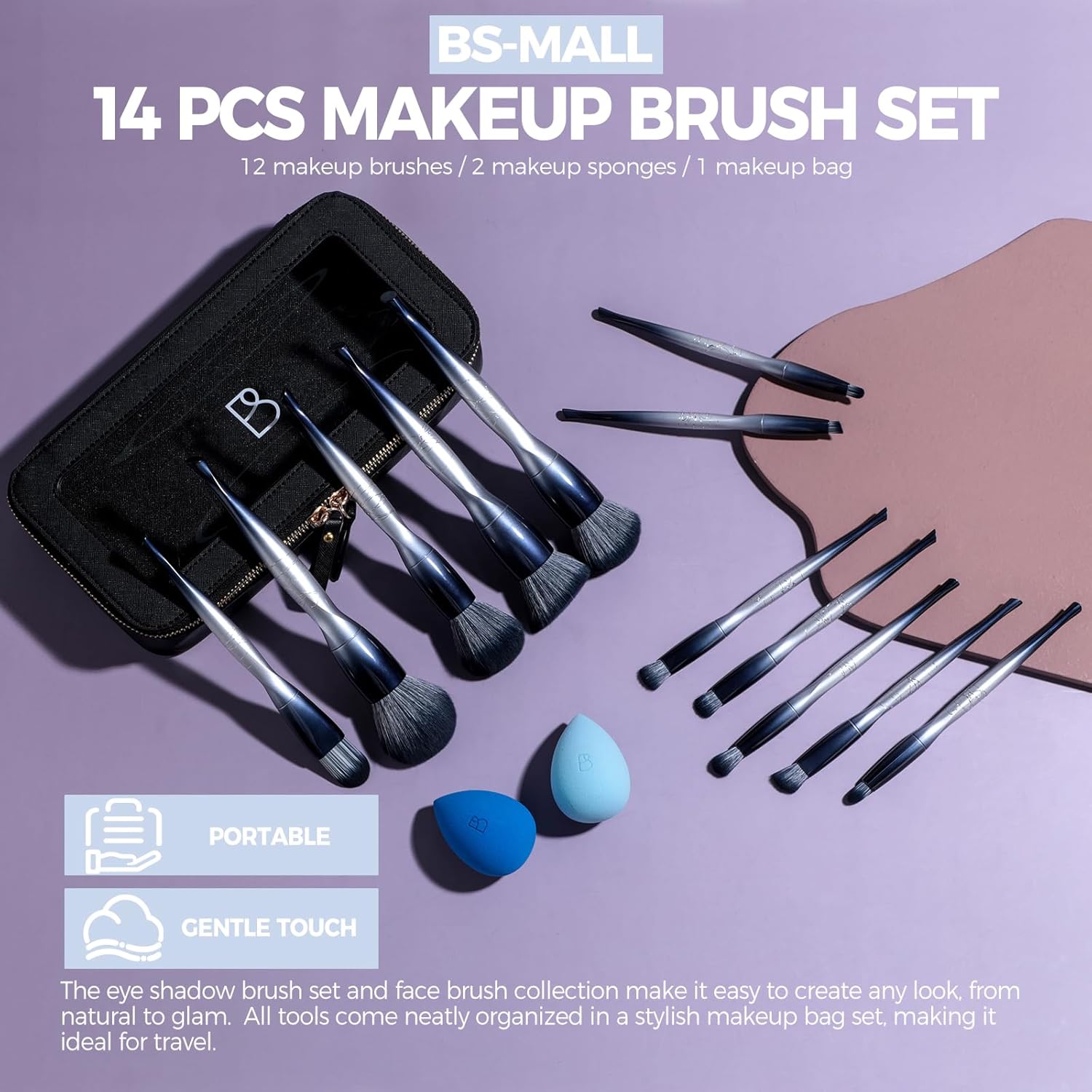 BS-MALL Professional Makeup Bruhses & 2 Pcs Makeup Sponges for FoundationPremium Synthetic Foundation Powder Concealers Eye Shadows Blush Makeup Brushes with Black case