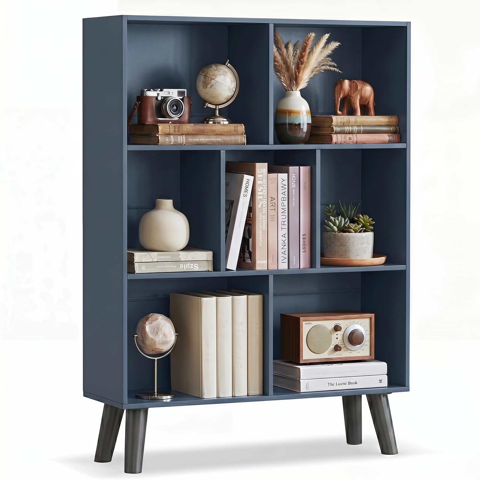 YAHARBO Blue Bookshelf,3 Tier Book Shelf with Legs, 7 Cube Minimalist Bookcase,Storage Organizer Shelves Display Bookcases for Bedroom,Living Room