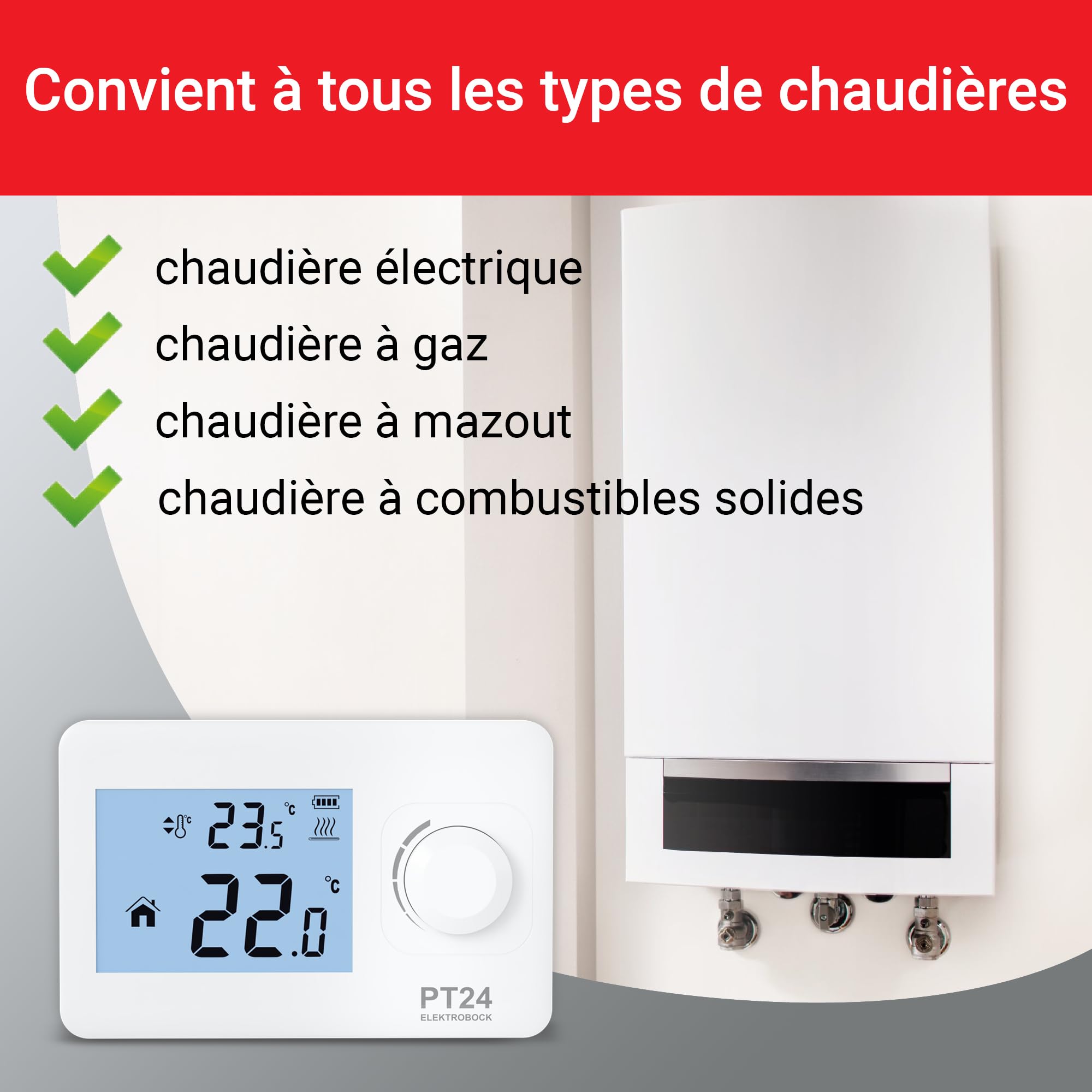 Elektrobock PT24 Thermostat ambiant avec affichage LCD | Thermostat mural adapté à tous les types de chaudières | Fonctionne sur piles (2X AAA) | Aucune programmation nécessaire | Protection contre le