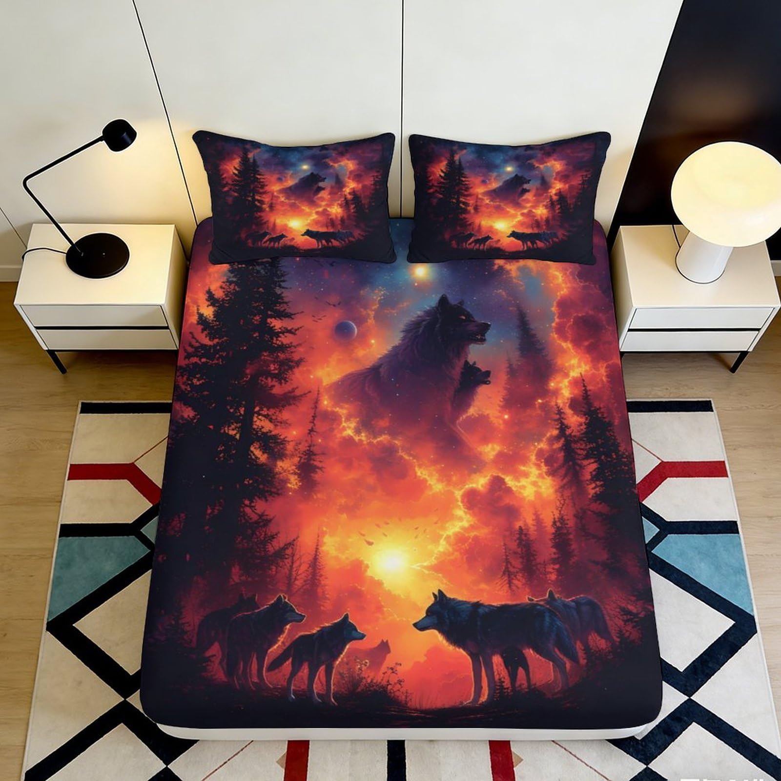 3D Printed Wolf Forest Fitted Sheet Microfiber Deep Elastic Cosmic Sunset Mattress Cover for Bedroom Guest Room Decor 90x200x25cm