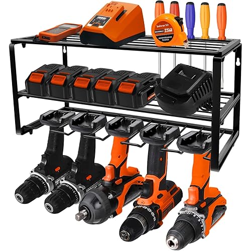 Large Power Tool Organizer Storage | Heavy Duty Floating Tool Shelf | Holds 5 Drills | Wall Mounted Tool Storage Rack with Screwdriver Holder |Garage Tool Storage Rack Organizer Holder