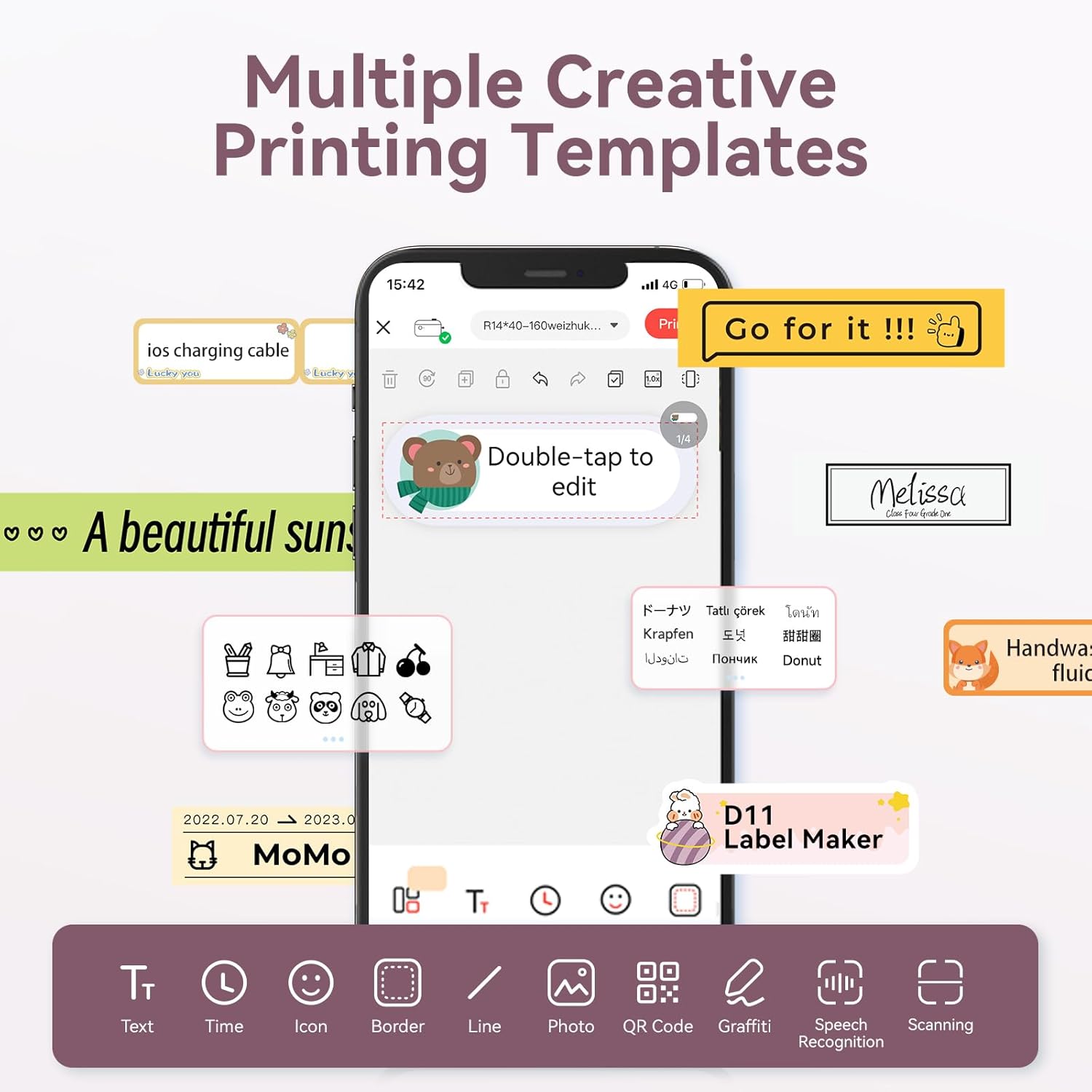 Screenshot of NIIMBOT app showing multiple creative printing templates