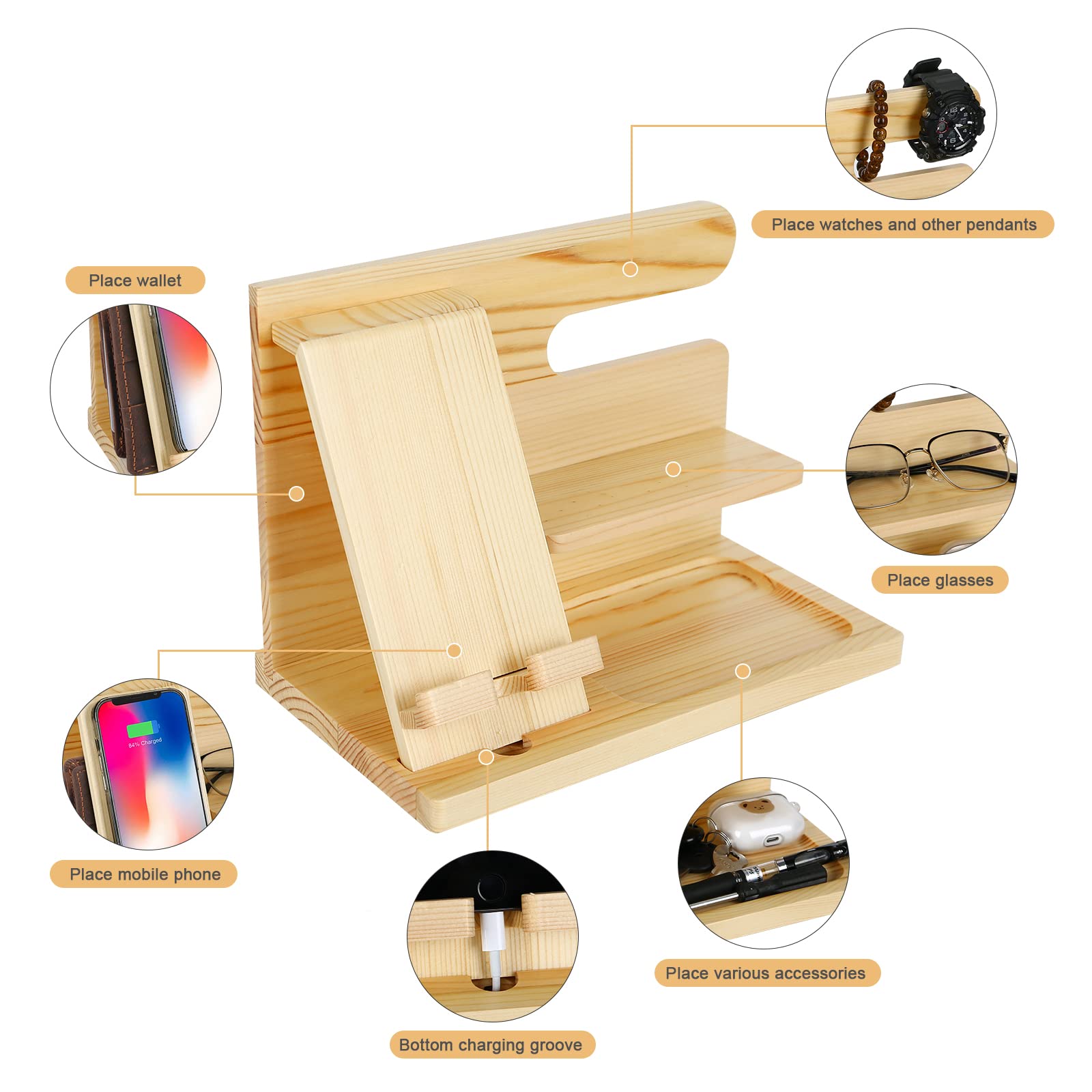 Belle Vous Docking Station Legno Marrone Scuro - Organizer Comodino - Supporto Telefono, Portafoglio, Orologio, Chiavi e Gadget - Regalo Uomo Tecnologico per Compleanno - Accessori Marito/Papà
