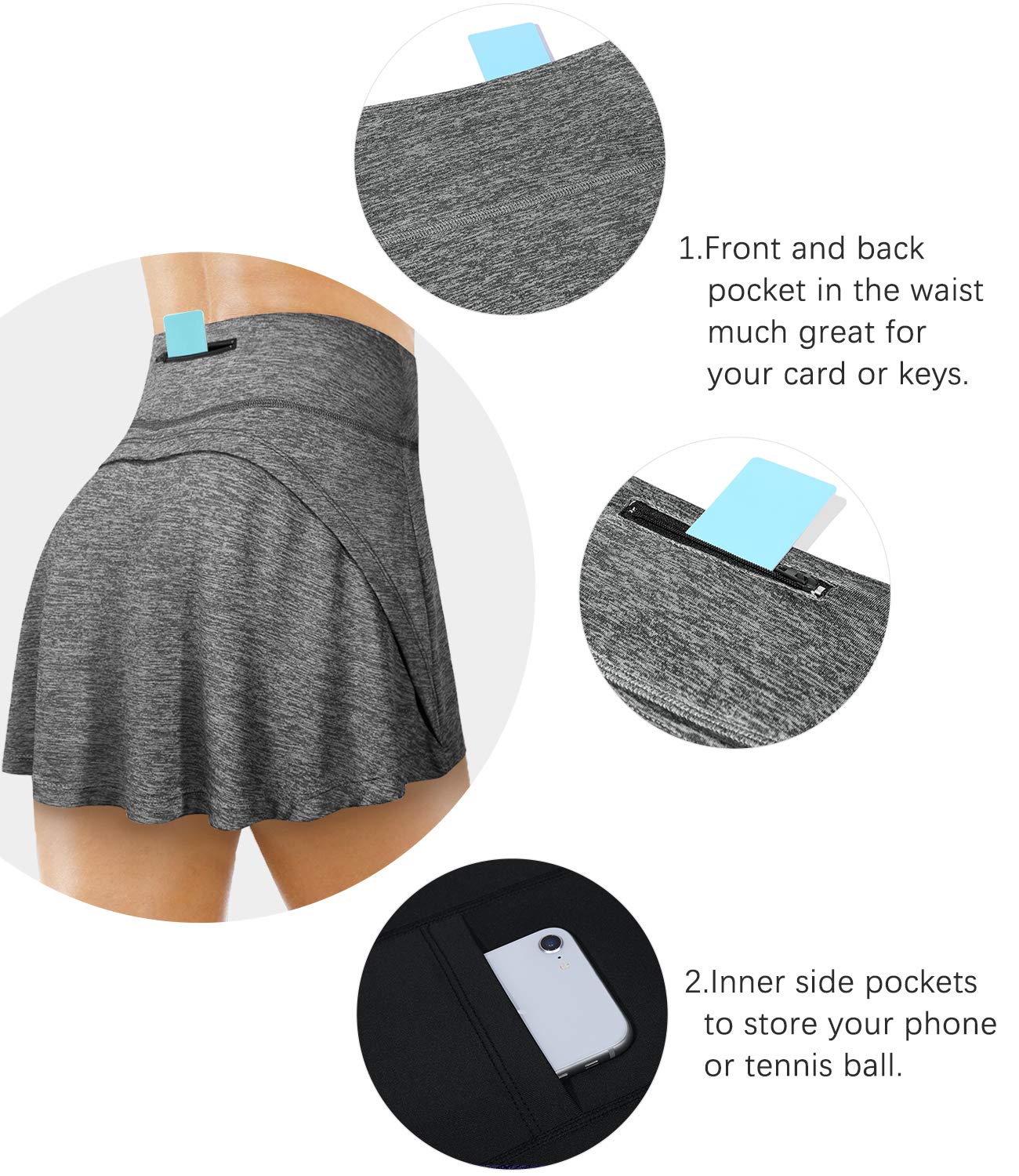 Fulbelle Tennisrock für Damen, mit Taschen, hohe Taille, athletischer Golf-Skorts
