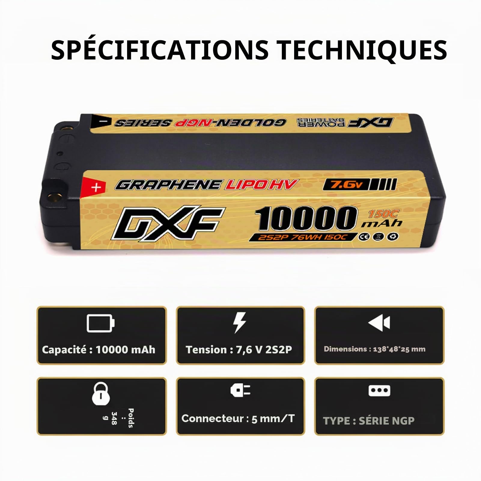 DXF 2X Batterie LiPo 2S 10000mAh 150C 7.6V Prise Deans T - Haute Performance Hard Case pour Voiture RC 1/8 1/10 Buggy Truggy Monster Truck Short Course - Décharge Rapide Compatible Modèles RC