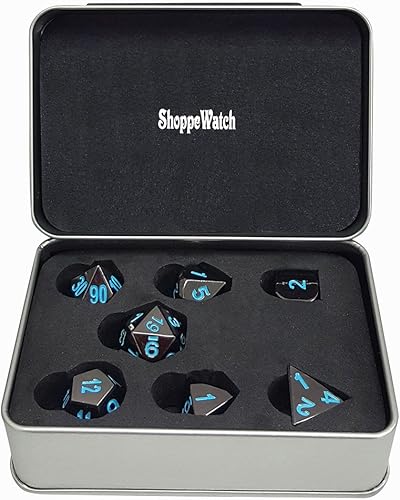 Miniatura 2 de ShoppeWatch - Juego de 7 dados de metal poliédrico para mazmorras y dragones RPG MTG D&D DND juegos de cartas D4 D6 D8 D10 D12 D20 en caja metálica