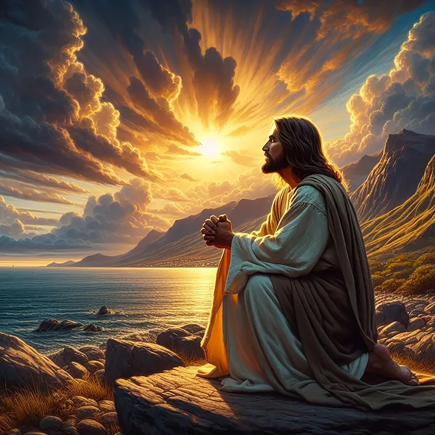 TREXEE Jesus Christ Prayer Diamond Art Kits for Adults,Sunset Landscape 5D Diamond Painting Kits for Beginner,DIY Round Full Drill Diamond Dots Paintings Picture Gem Art&Crafts (30X40 CM) (Frameless)-image-46