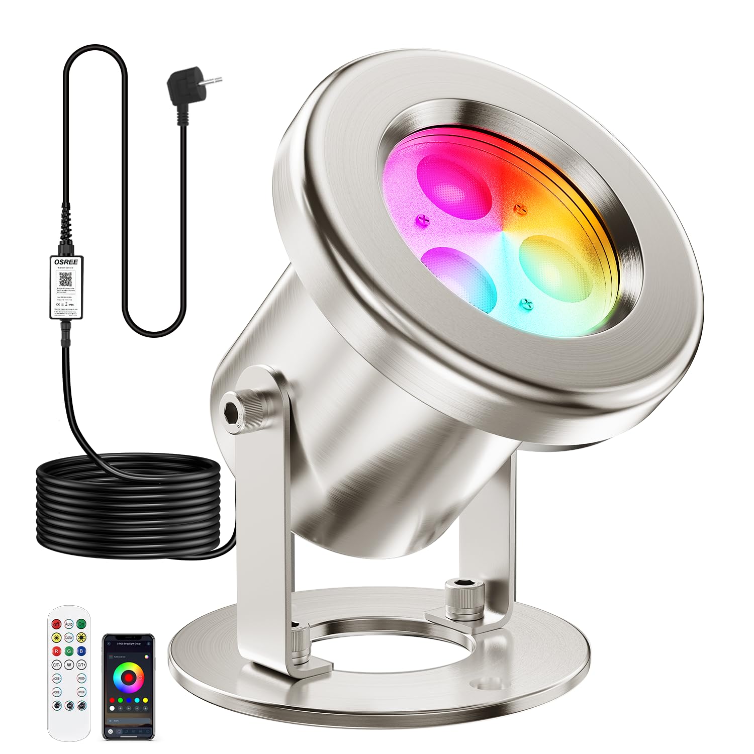 Luci per Laghetto Acciaio Inossidabile SS316, 6W Faretti per Laghetto con Cavo 9,5M e 12V Trasformatore, RGB Luci Laghetto Immersione per Laghetti da Giardino, Ruscelli, Stagni Koi, Cascate