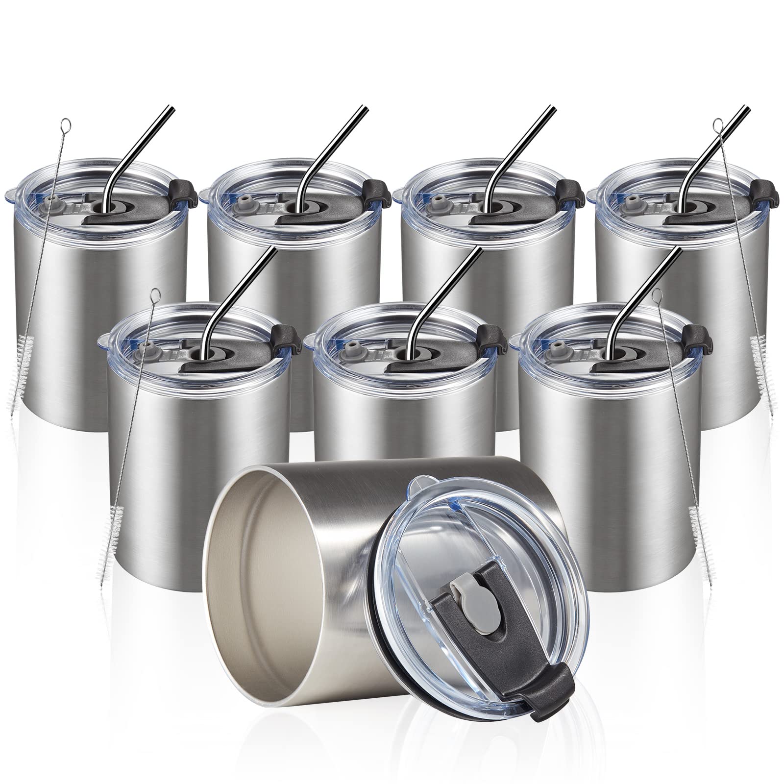 MEWAY 12oz/8Pack Coffee Mug With Lid, Insulated Stainless Steel Reusable Coffee Cup, Double Wall Durable Coffee Mug, Powder Coate，For Coffee, Beer, Home, Office(Silver,8 Pack)