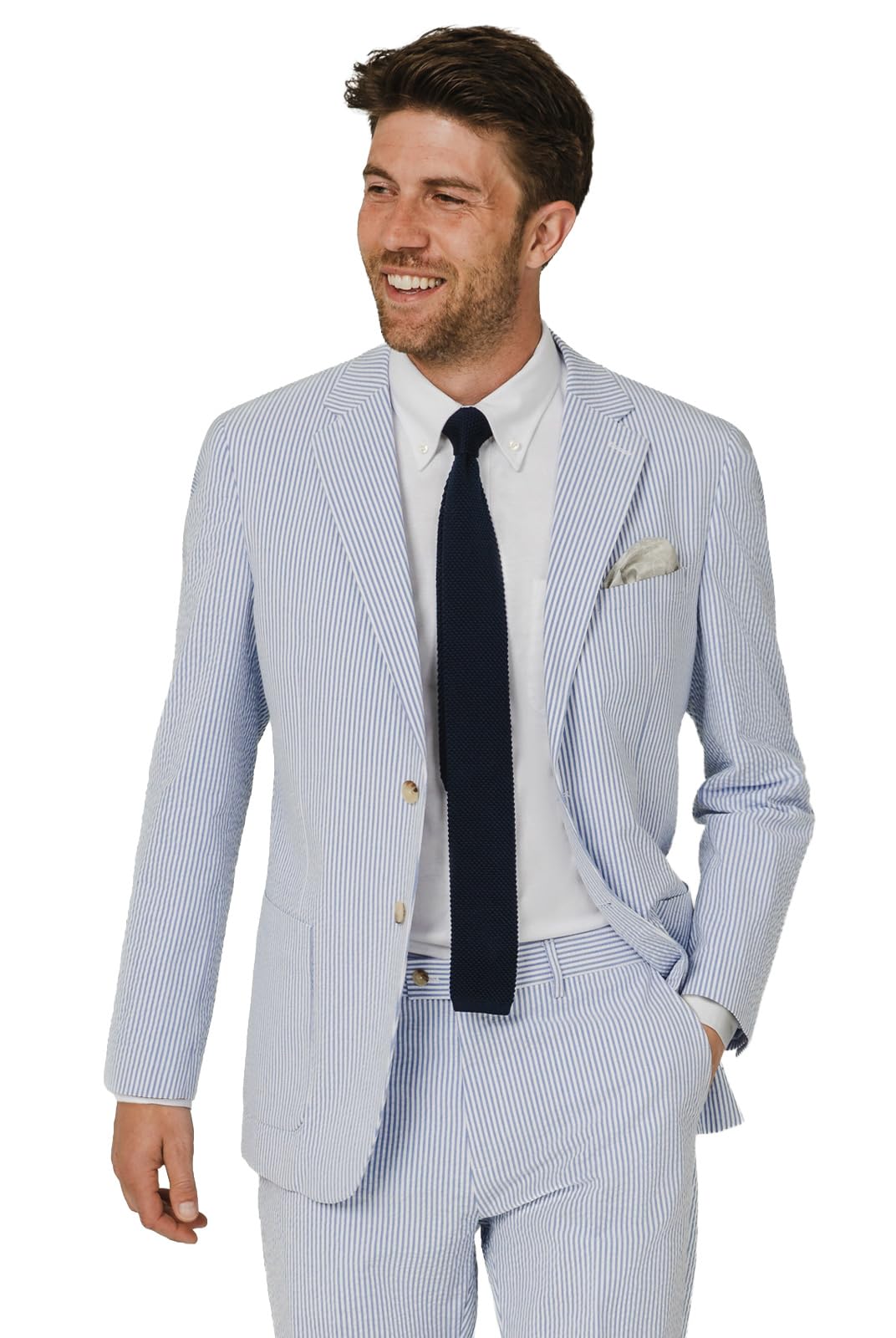 Dobell Men's Blue/White Seersucker Suit Jacket Regular Fit Cotton Blend-44R