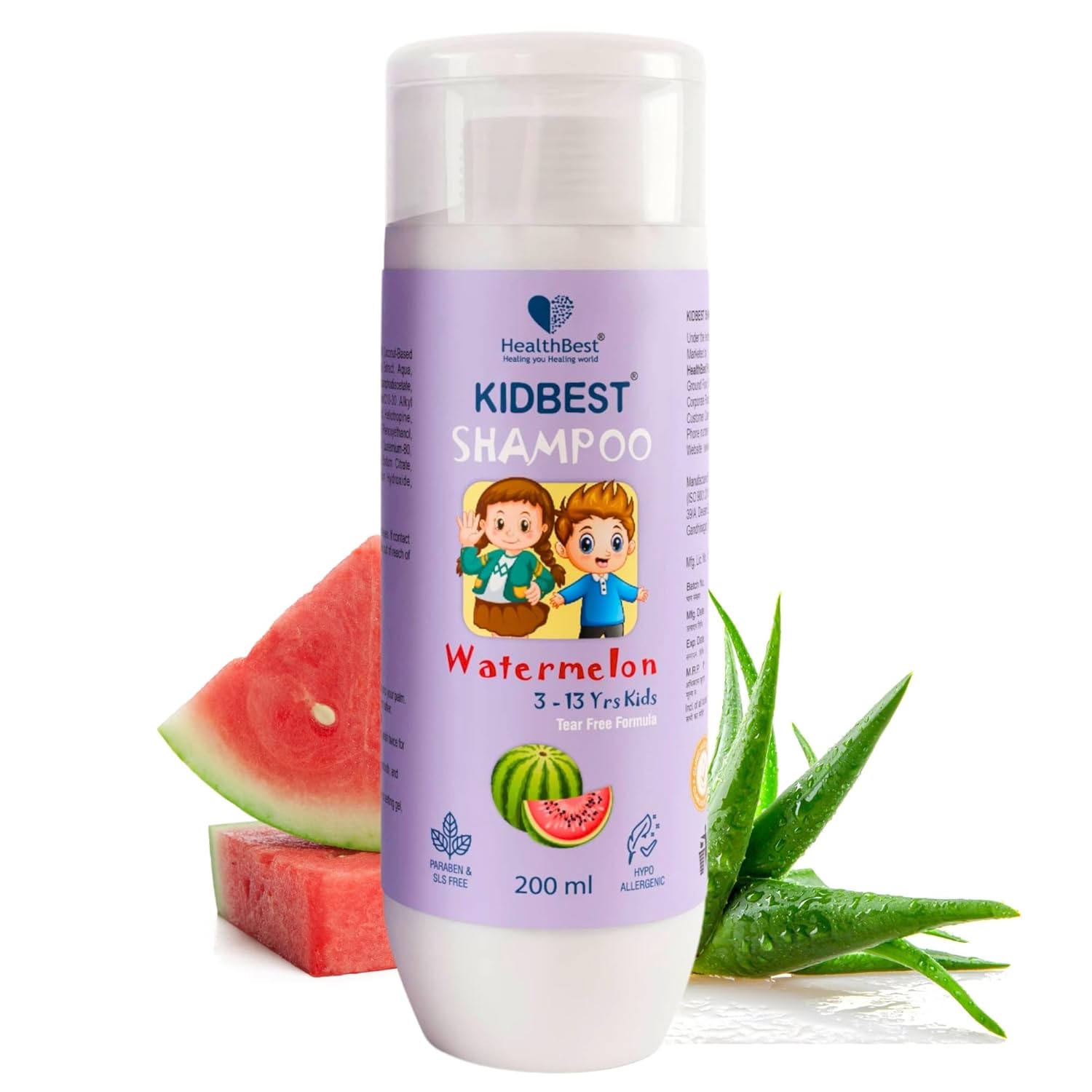 Healthbest Kids Tear-Free Shampoo 200 ml – Watermelon, Gentle & Nourishing Hair Cleanser – Sulphate & Paraben Free – For Daily Use