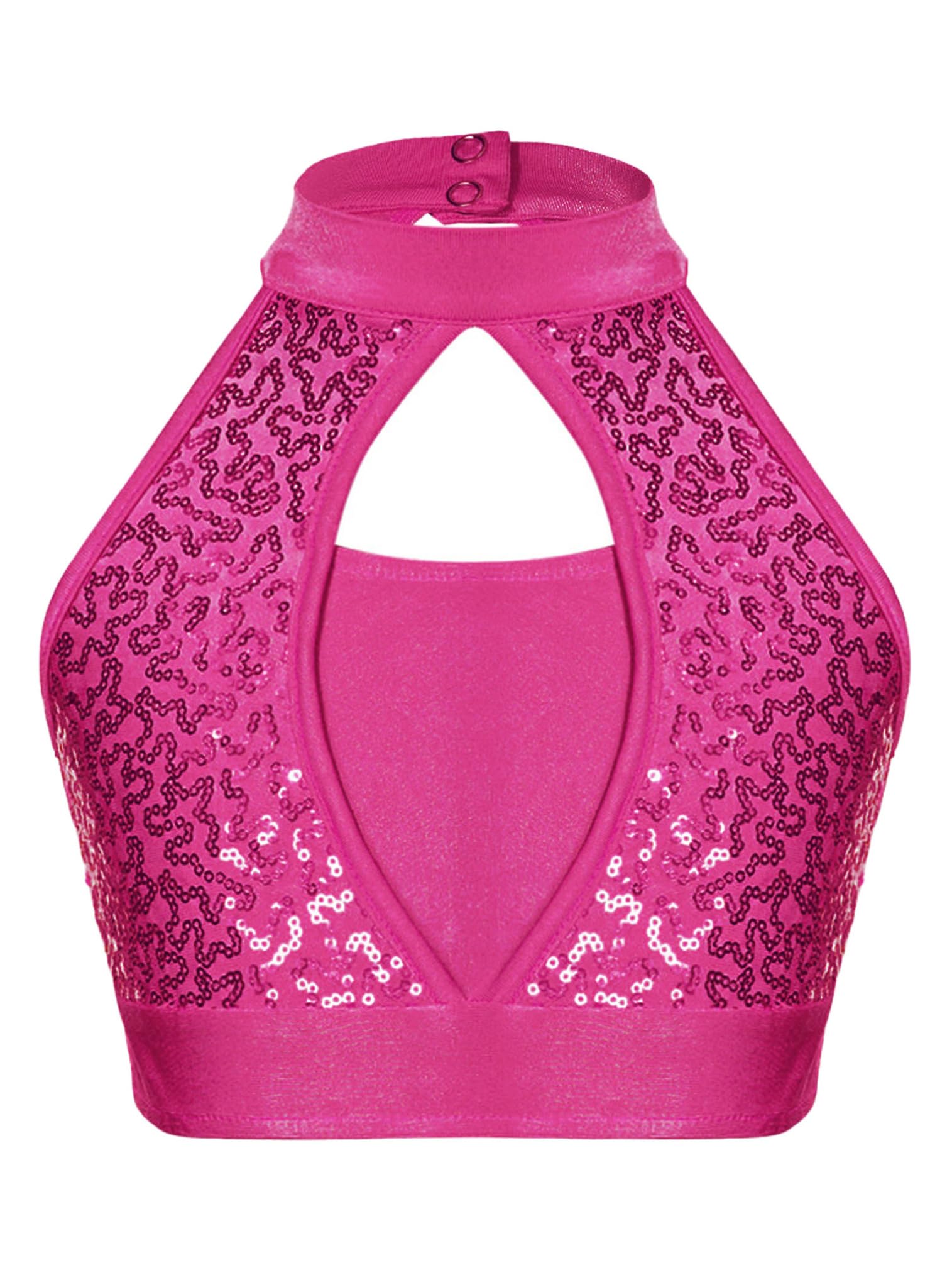 easyforever Kids Girls Sequins Sleeveless Mock Neck Dance Crop Tank Top Jazz Latin Hip Hop Performance Vest Shirt Hot Pink 14 Years