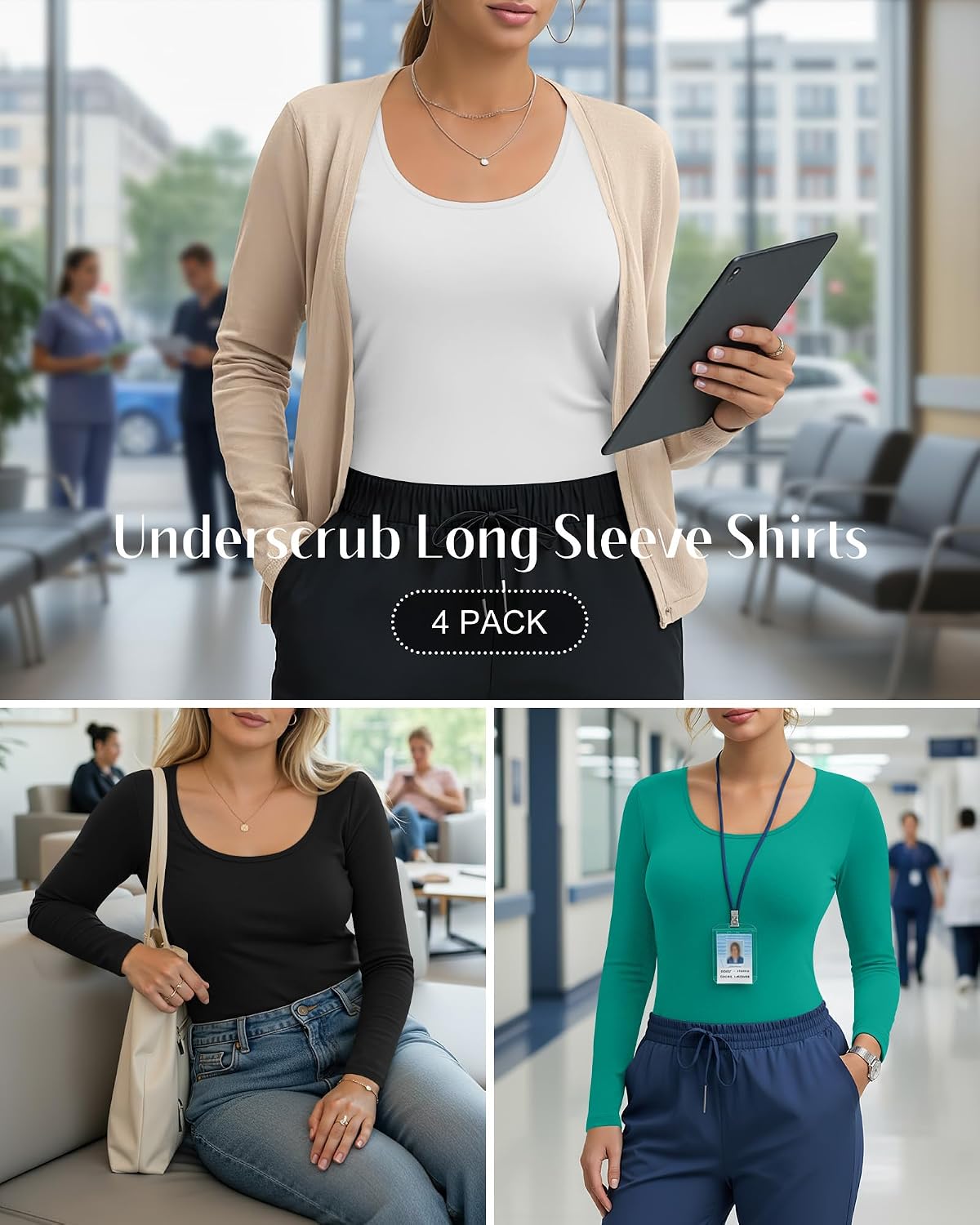 4 Pack Plus Size Underscrub Long Sleeve for Women, Cotton Blend Scoop Neck Undershirts, Nurse Fitted Basic Tops
