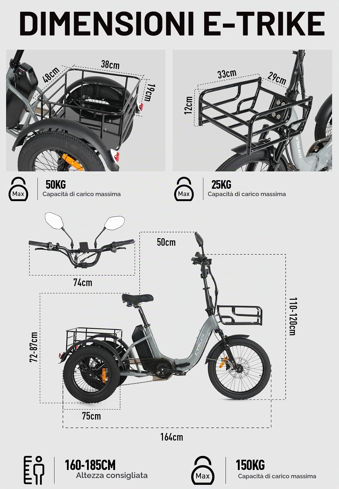 cysum Triciclo elettrico per adulti AG1 Pro, dotato di batteria da 48 V e 20 Ah, con un'autonomia fino a 150 chilometri; biciclette pieghevoli e da carico, dotate di NFC e funzione di retromarcia