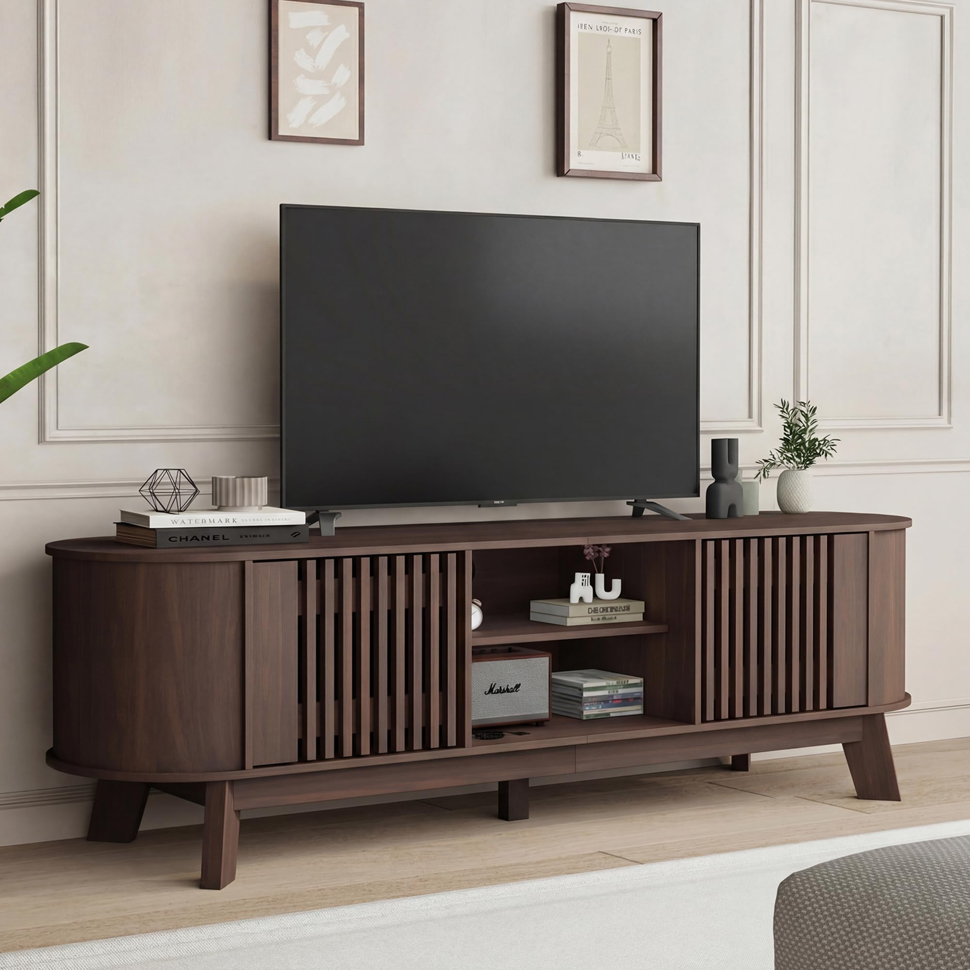 Mid Century Modern TV Stand for 65 Inch TVs, 64" Entertainment Center with Storage Cabinets and Open Shelves, Farmhouse Media Console with Heavy Duty Leg for Living Room, Bedroom, Walnut