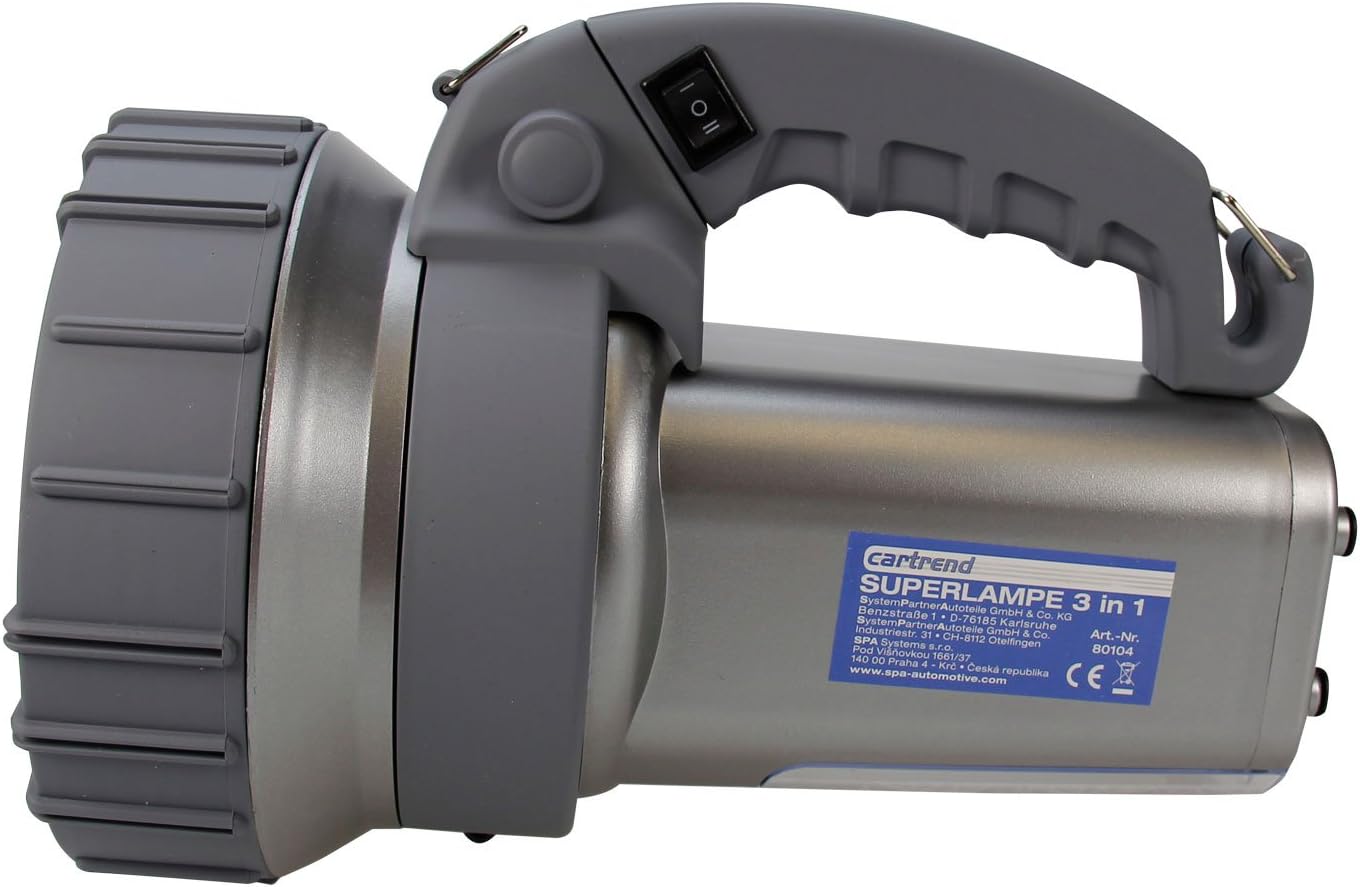 Sivu view of the Cartrend 80104 Superlamp showing the handle with the power switch and product label.