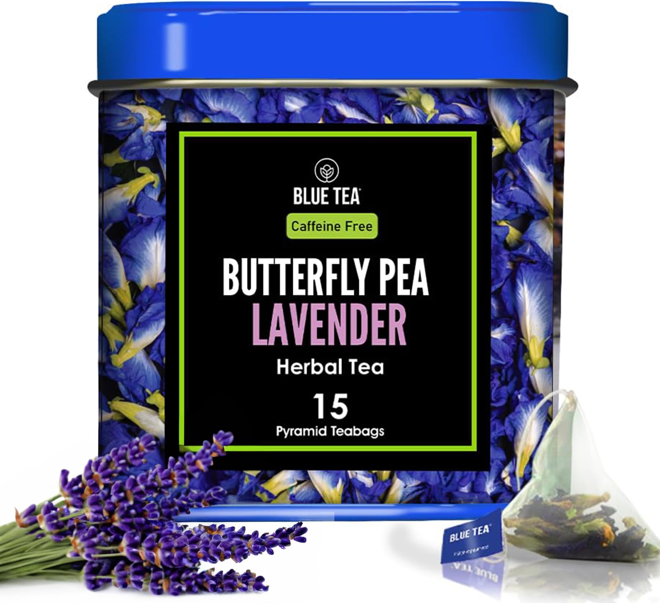 BLUE TEA - Butterfly Pea Flower Tea - Lavender - 15 Count - Pyramid Plant Based Tea Bag | ANTIOXIDANT RICH | Calming Tea - Caffeine Free - Flower Based - Herbal Tea - Non-GMO | Tin Packaging