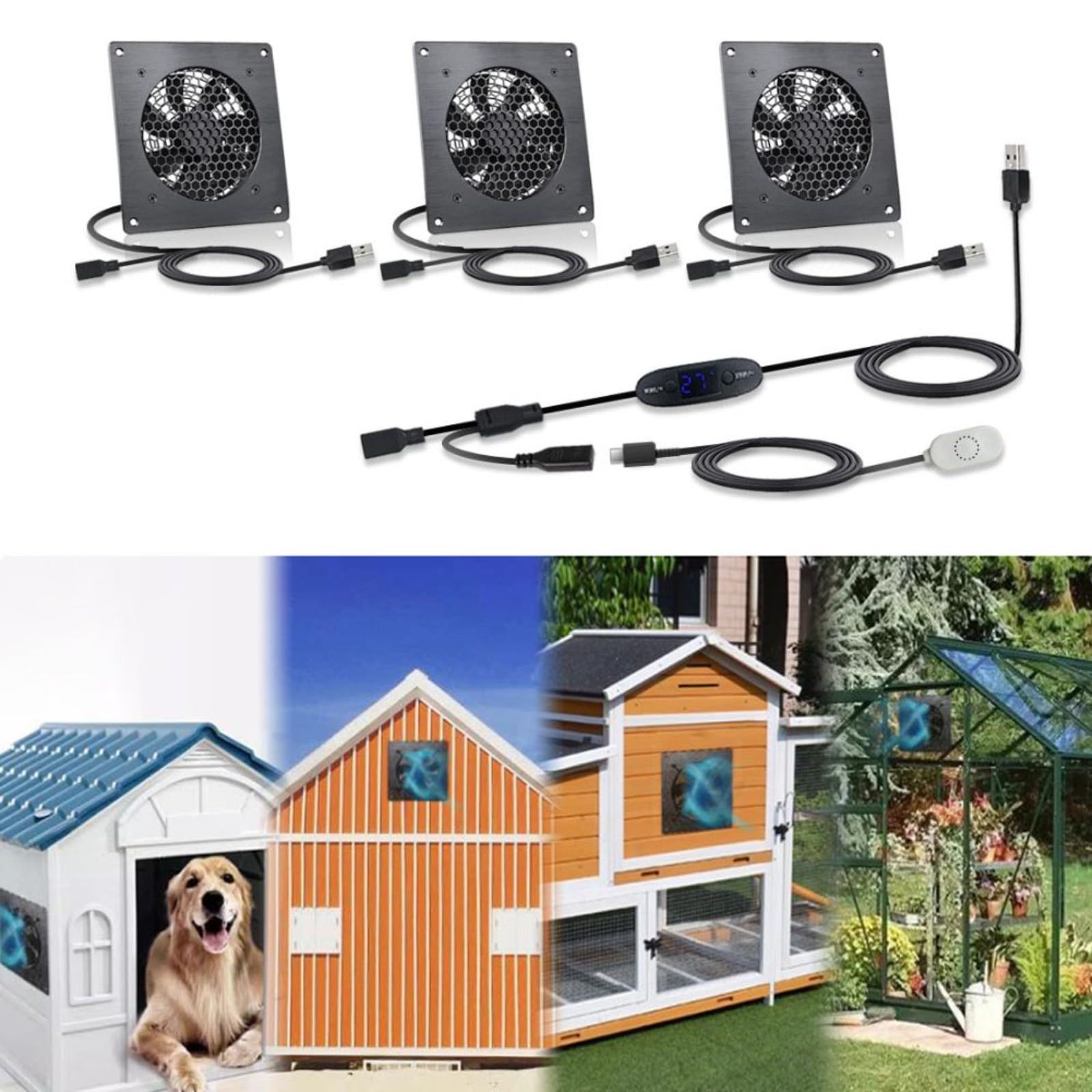 USB Lüfter Mit Temperaturregelung Für Elektronik, 10 Geschwindigkeitsstufen 0-60°C, Leiser 120Mm Ventilator IPX5 Wasserdicht Für Server Rack Gewächshaus Büro, Schwarz(U10T8025JGX2)