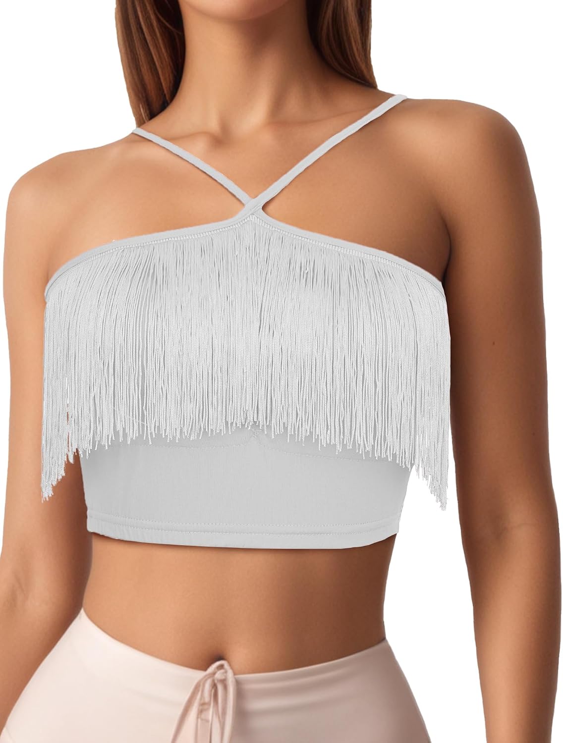 FEOYA Women's Tassels Halter Bra Top Latin Dance Tube Top with Chest Pads Belly Dance Performance Costume Clubwear