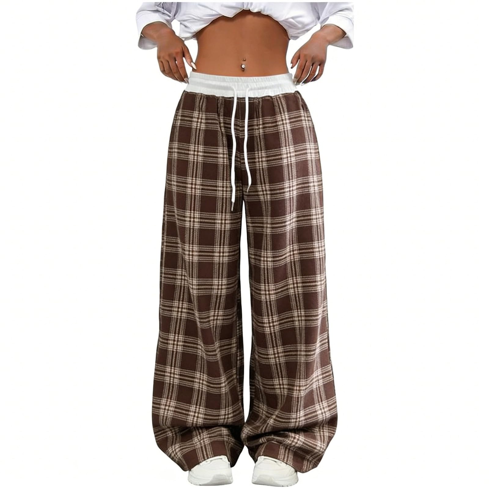 Linen Pants Women Summer Plus Size Patchwork Plaid Wide Leg Pants Baggy Lounge Trousers with Pockets Vintage Y2k Clothes — view 9
