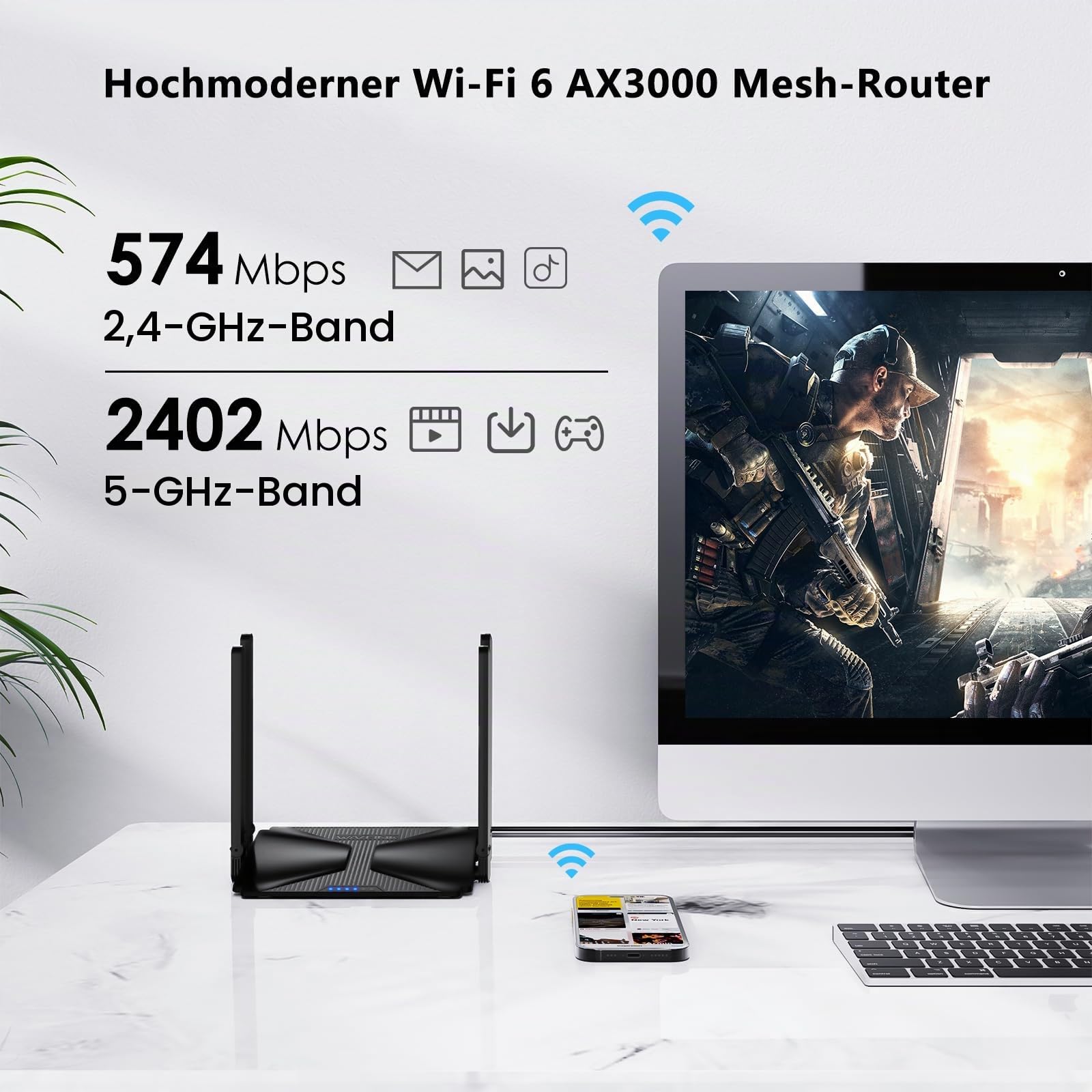 WAVLINK WiFi 6 AX3000 Dual Band Mesh Router | 3000 Mbit/s (2402 Mbit/s 5 GHz + 574 Mbit/s 2,4 GHz) | Für Gaming, 4K Streaming & Homeoffice | MU-MIMO, Beamforming, OFDMA | 160 MHz, WPA3, IPv6