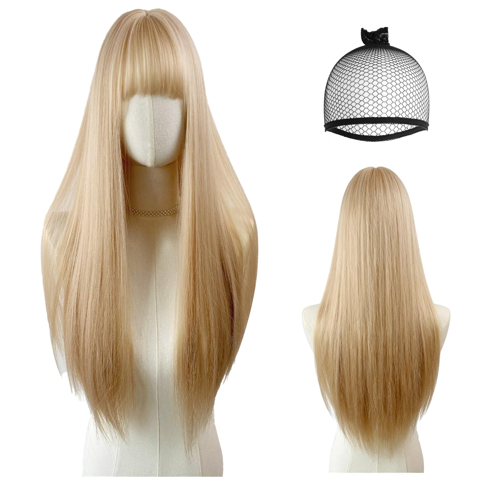 Parrucche Lunghe Lisce Bionde per Donne con Frangia, 70cm Parrucche Lunga Layered Lisci per Donna, Parrucca Naturale e Liscia Dritto Fibra Sintética Resistente per Cosplay Festa Uso Quotidiano