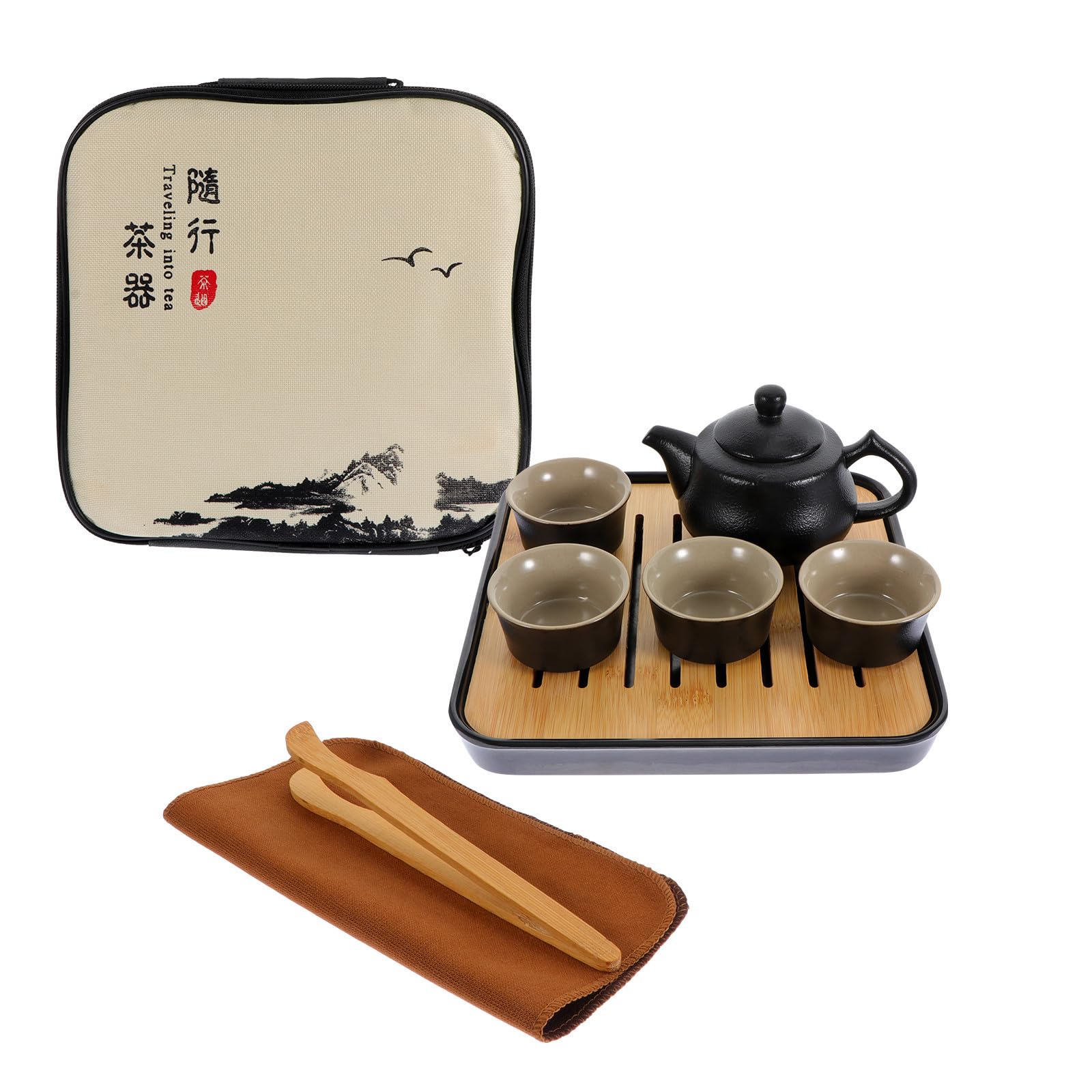 Elegantes Tragbares Chinesisches Kung Fu Teeset aus Keramik mit Bambusgriff und Teetassenclip für Komfortables Teetrinken Unterwegs und Reisen