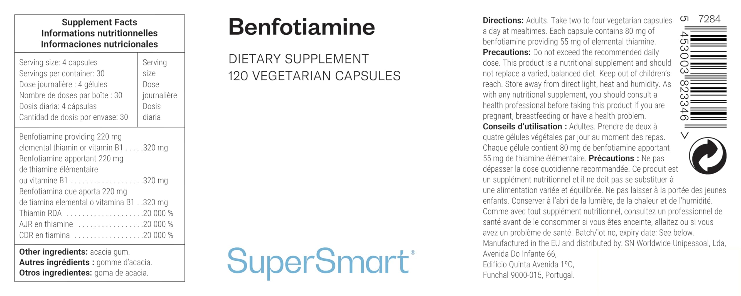 Benfotiamine - Vitamine B1 - Aide à Réduire la Fatigue Mentale et Physique - Booste le Métabolisme - Participe au Fonctionnement Normal du Coeur & du Système Nerveux - Vegan - Sans Gluten - Supersmart | Vitamine B1 - Booste le Métabolisme - Participe au F