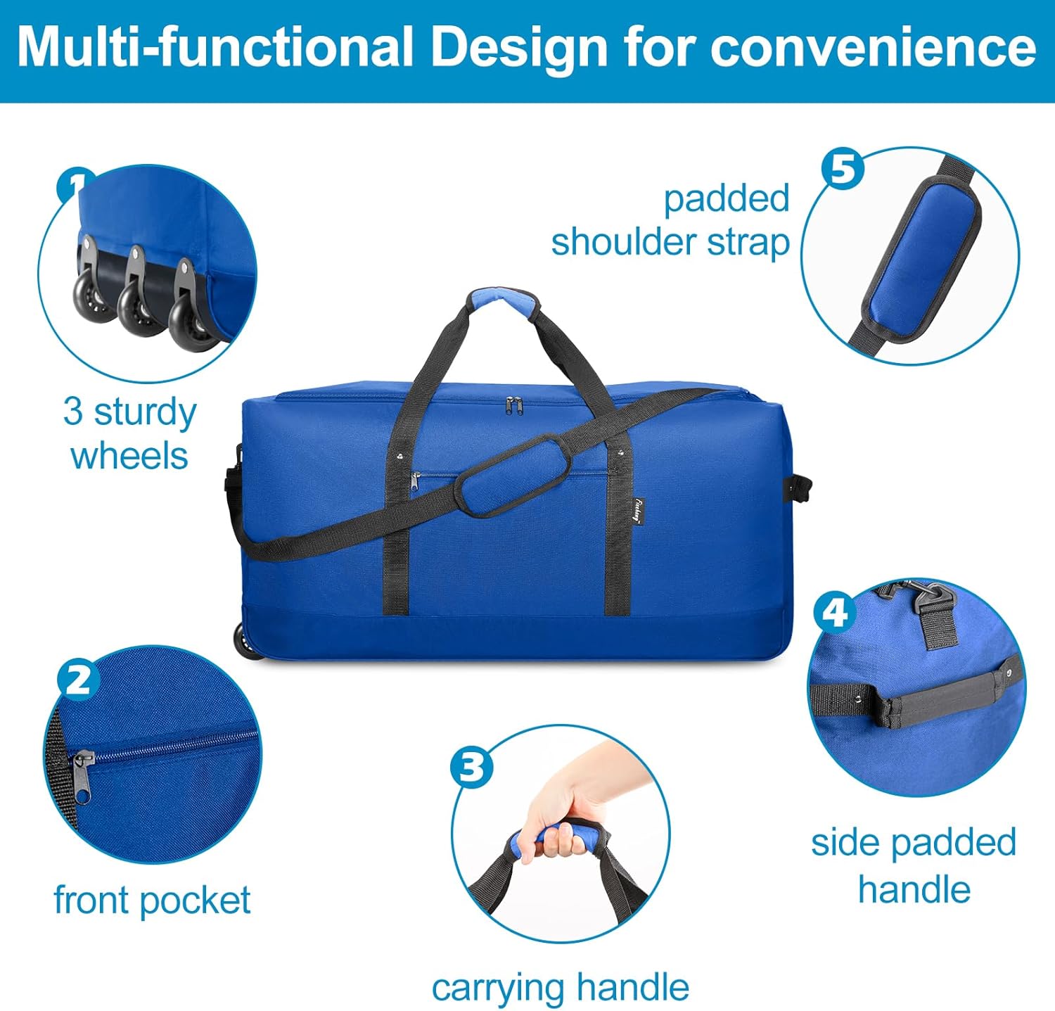 Finnhomy 120L Foldable Rolling Duffel Bag with 3 Wheels, Light Weight Travel Duffel bag with Large Loading Capacity, 32'' Rolling Duffel bag with Shoulder Strap