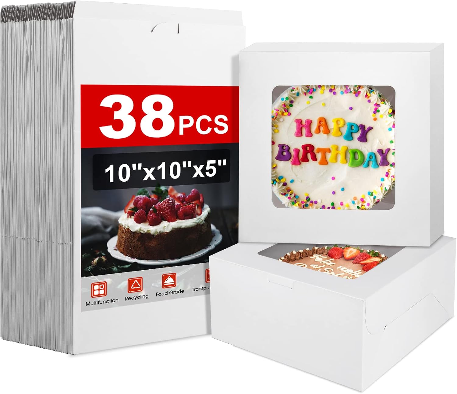 ZENOWICK 38 PCS Cake Boxes with Window 10x10x5 Inches White