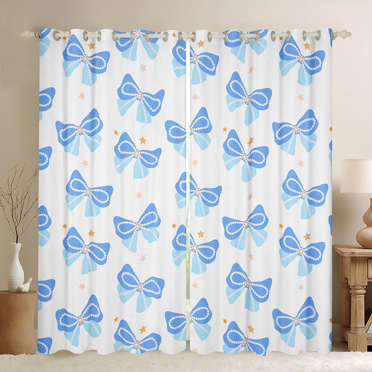 Blue Butterfly Bowknot Window Curtain,Cartoon Star Print Curtains for Kids Girls Boys Room Decor,Dreamy Sweet Princess Style Window Treatment Curtain Soft White Window Drapes,2 Panels,38Wx54L