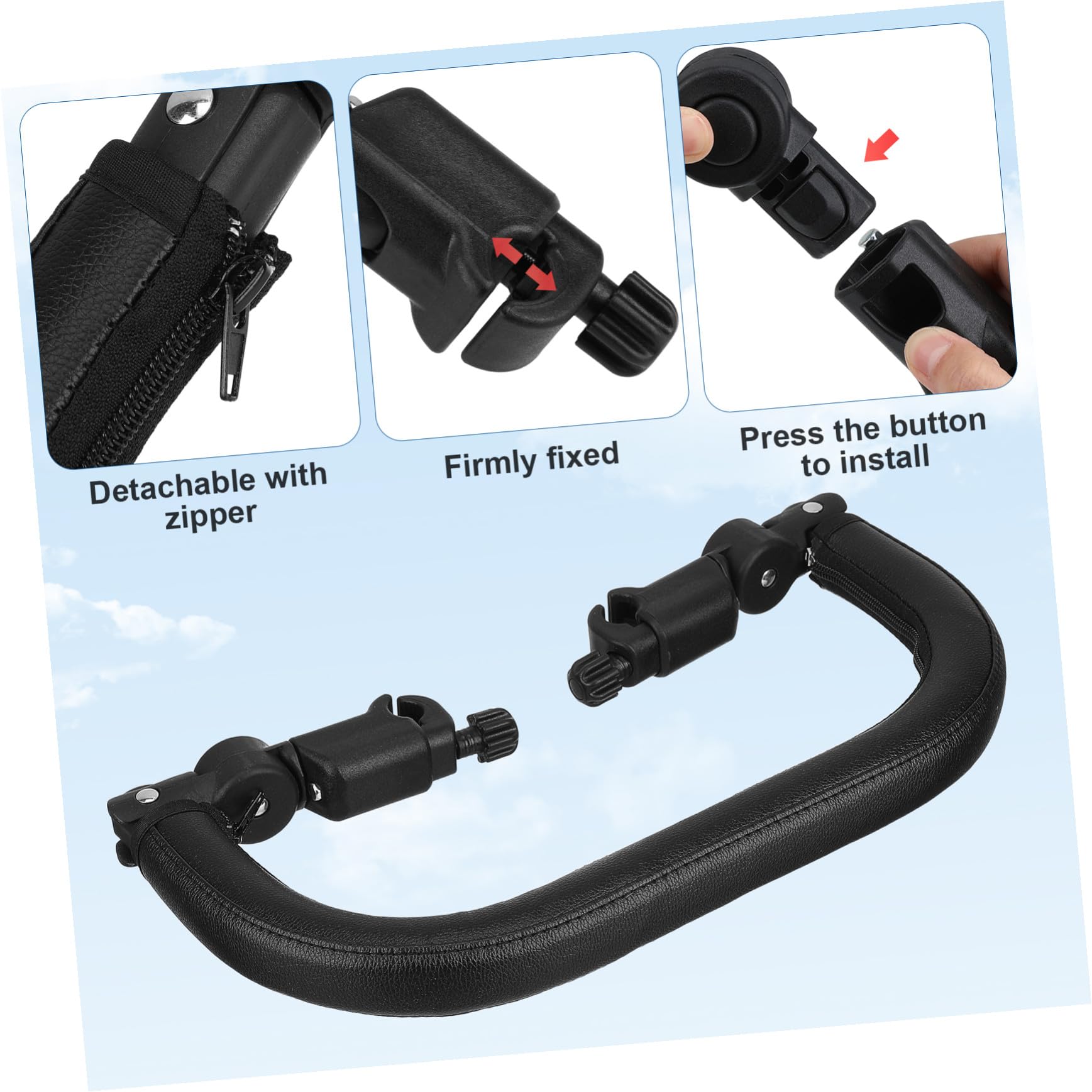 Barre de Poussette en Cuir Pu et Fer Noir Détachable Résistance à L'eau, Rallonge de Poignée Adaptée à Plus de 98% des Poussettes Bébé