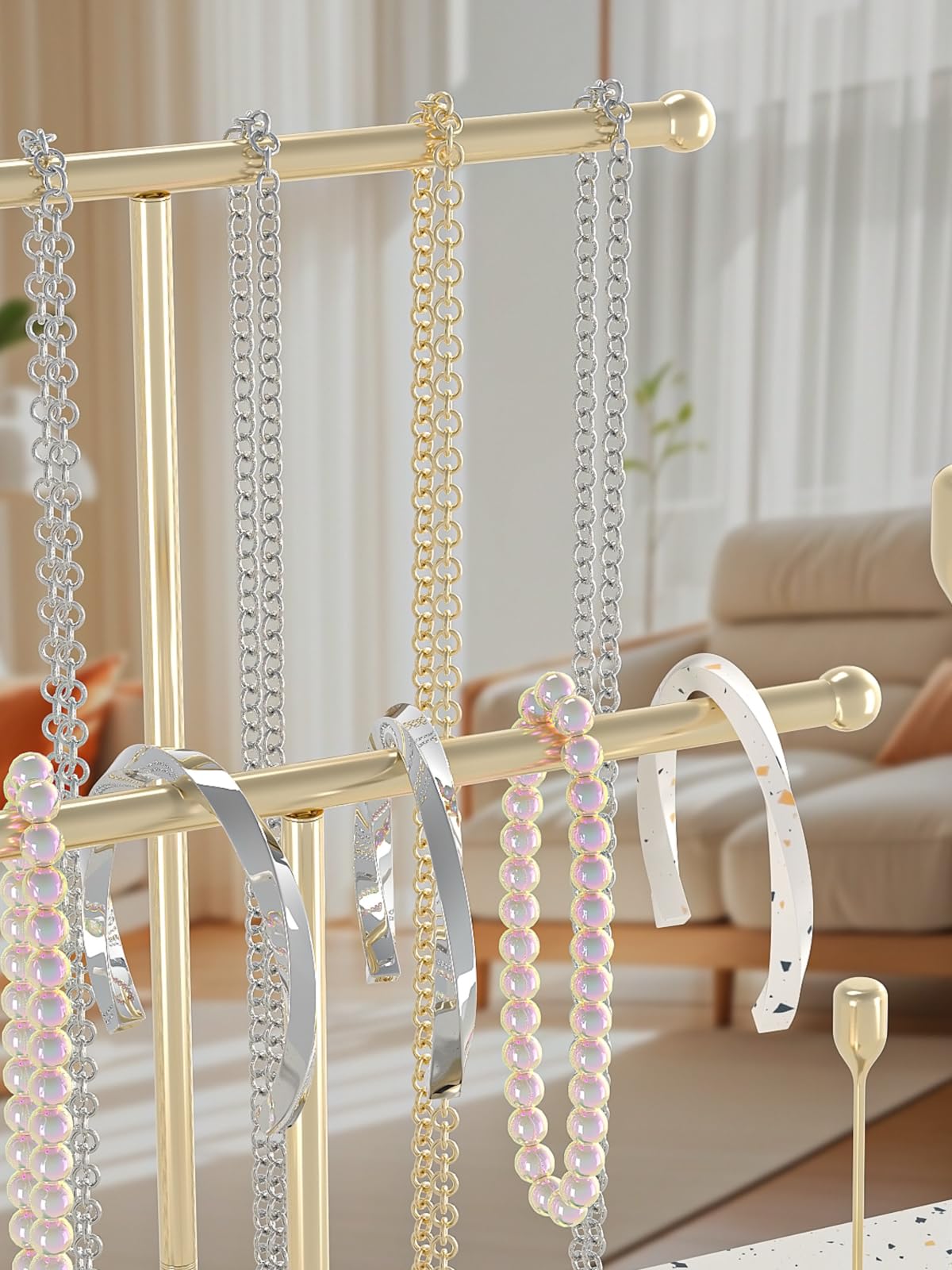 Coward 2-stöckiger Metall-Halskettenständer, Gold, für Damen - Moderner Schmuckhalter mit 2 Fächern und 2 Schubladen, ideal für Heimdekoration und Schmuck-Organizer