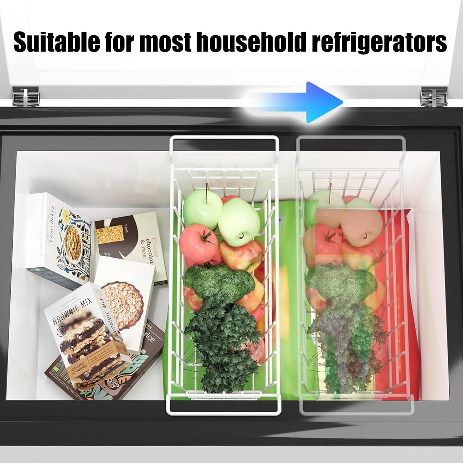 冷蔵庫バスケット2個パック 通気性のあるメタルグリッドオーガナイザー 腐食に強いコーティング 冷蔵保管用 省スペース冷凍庫コンパート