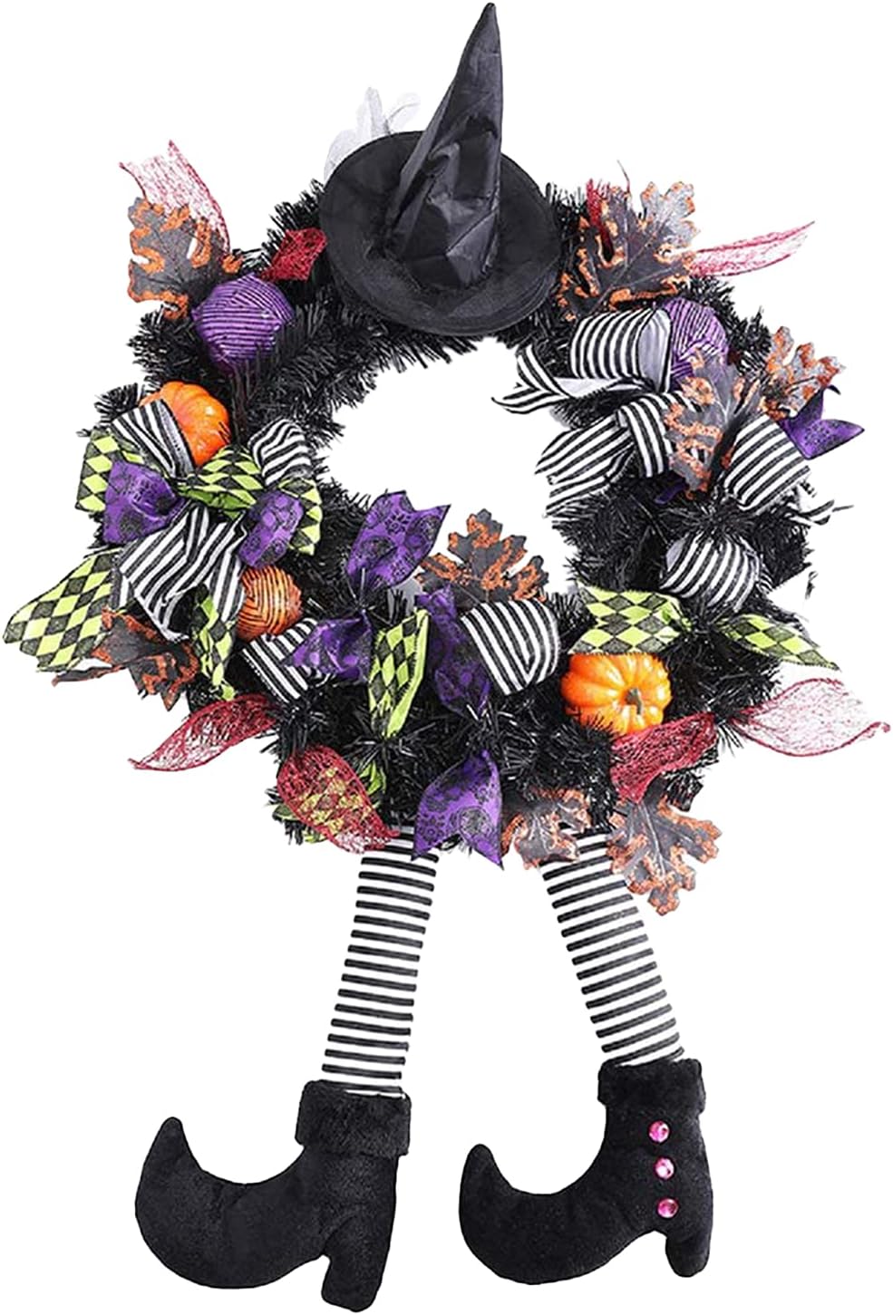 Halloween Wreath with Bow Knot Witch Legs Maple Leaf Wreath Halloween Hanging Garland Artificial Wreath for Front Door Wall Halloween Party Home Decoration-Layfoo