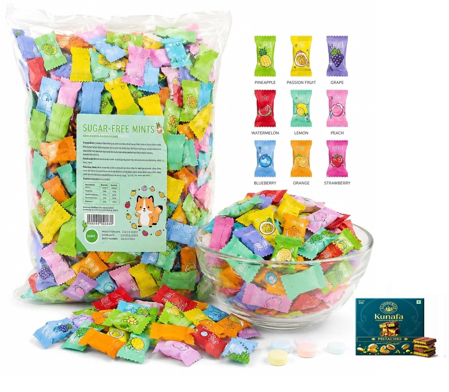 Sariwang Hanging Sugar Free Mint Candy Assorted Fruit Flavour | Individually Wrapped Cooling Mints | Fresh Breath Candy | Imported Mint Candy Pack 250gm Get Free Flavourito Kunafa Pistachio Chocolate Bar, 20g By Decadent Foods (Imported-Vietnamese)-picture-12