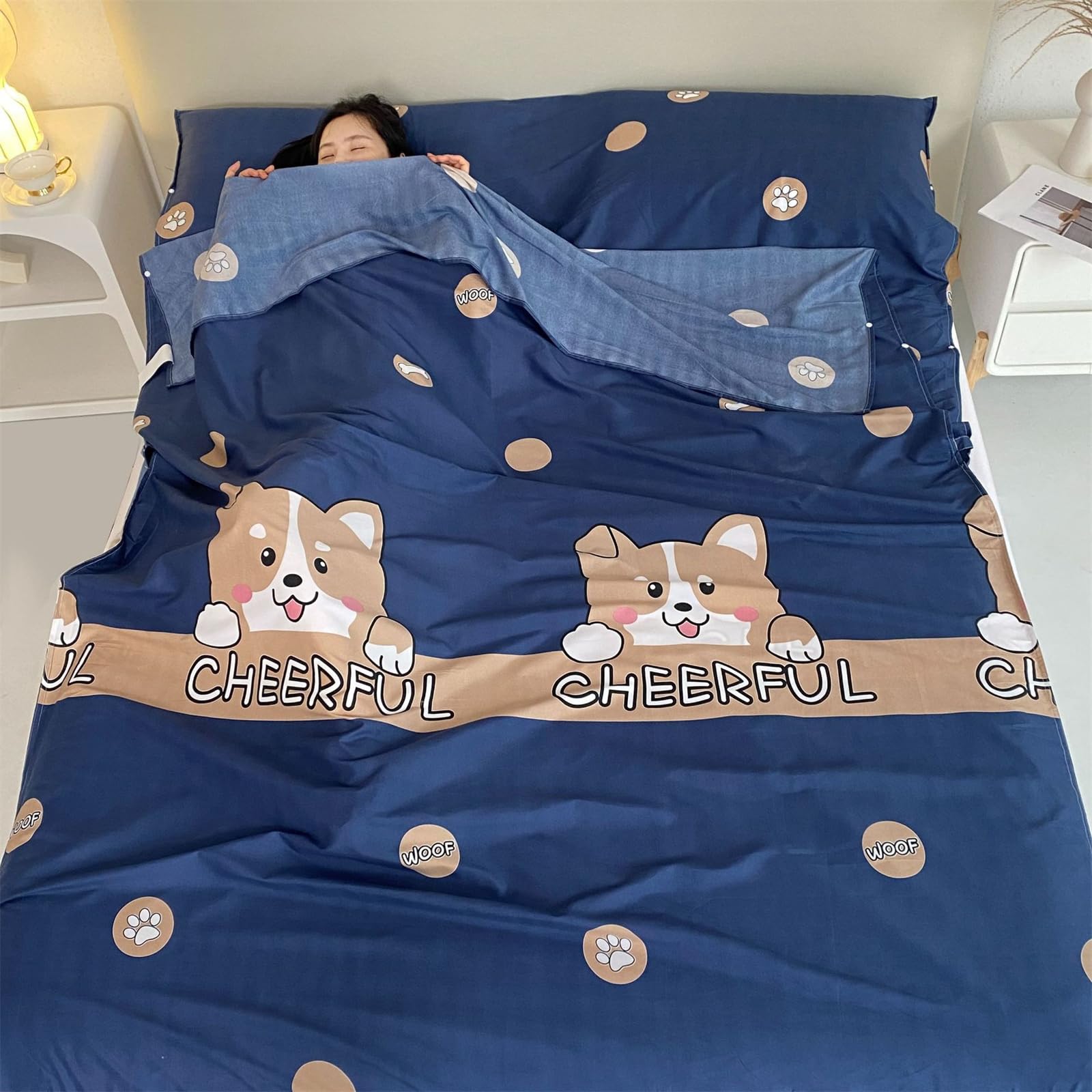 Highdi Sleeping Bag Liner Travel, Sleeping Bag Liners for Adults Portable Lightweight Sleeping Bag Soft Prevent Dirty Sleep Bag Liner with Pillow Slot for Hostels (Dog,160 * 210)