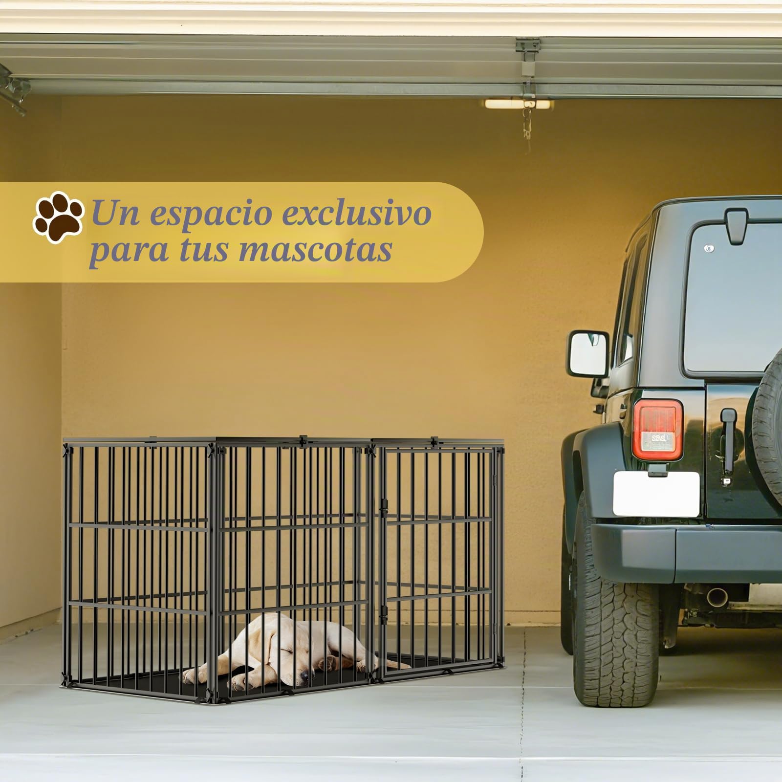 Pawaboo - Jaula para Perro, con Alfombra Impermeable, Parque de Metal Grueso, antimordeduras, con Tapa Segura, Interior, Exterior, 143,5 x 70 x 80 cm, Color Negro