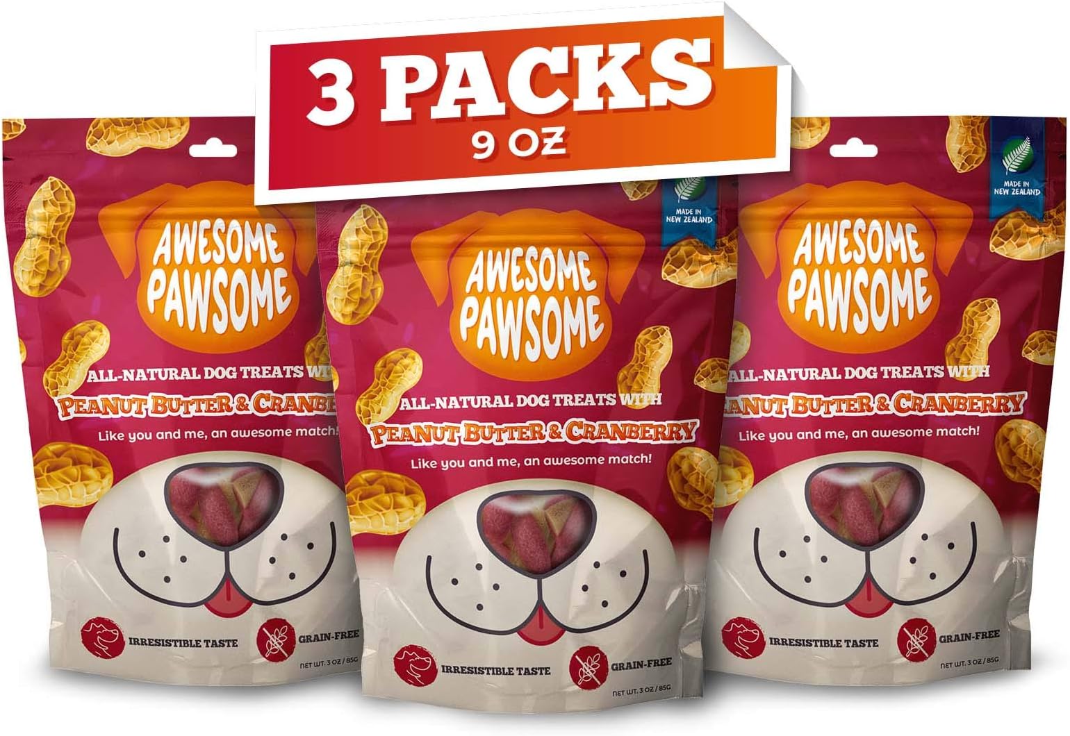 Peanut Butter & Cranberry, All Natural Grain Free Crunchy Snacks for Dogs of All Ages, Fun Bite-Sized Shapes Dog Treats, Crafted in New Zealand, 9oz