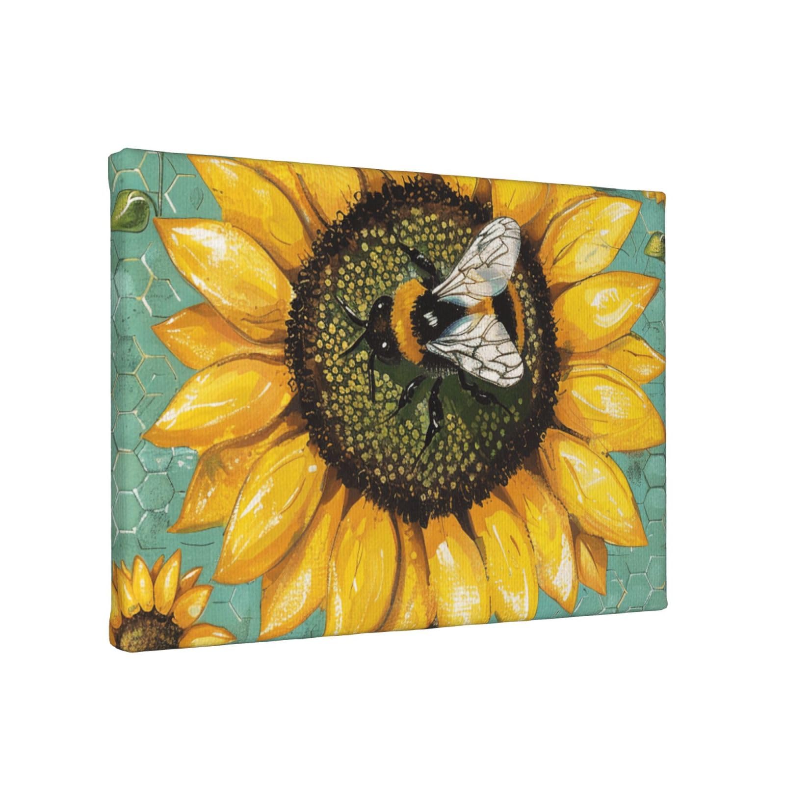 YKLJG bee & Sunflowers Printed Wall Art Canvas Painting 30x20 CM Wooden Framed Picture Painting Artwork Prints for Bedroom Kitchen Home Office Decor