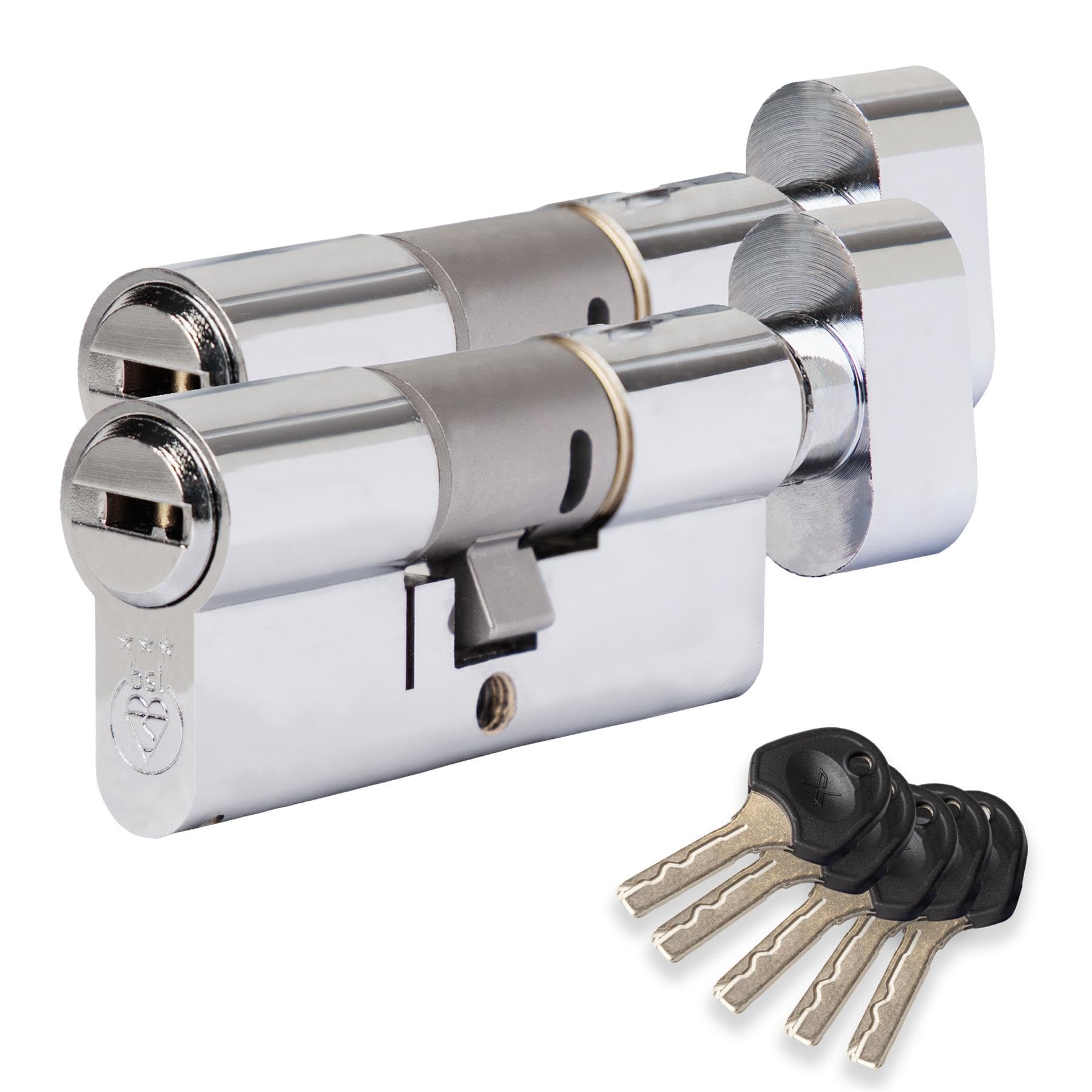 XFORT Colossus Polished Chrome 3 Star Kitemarked Keyed Alike Thumb Turn Euro Cylinder Lock 45EX/55T (100mm), British Standard TS007 Anti-Snap Barrel Lock, Upvc Door Lock.