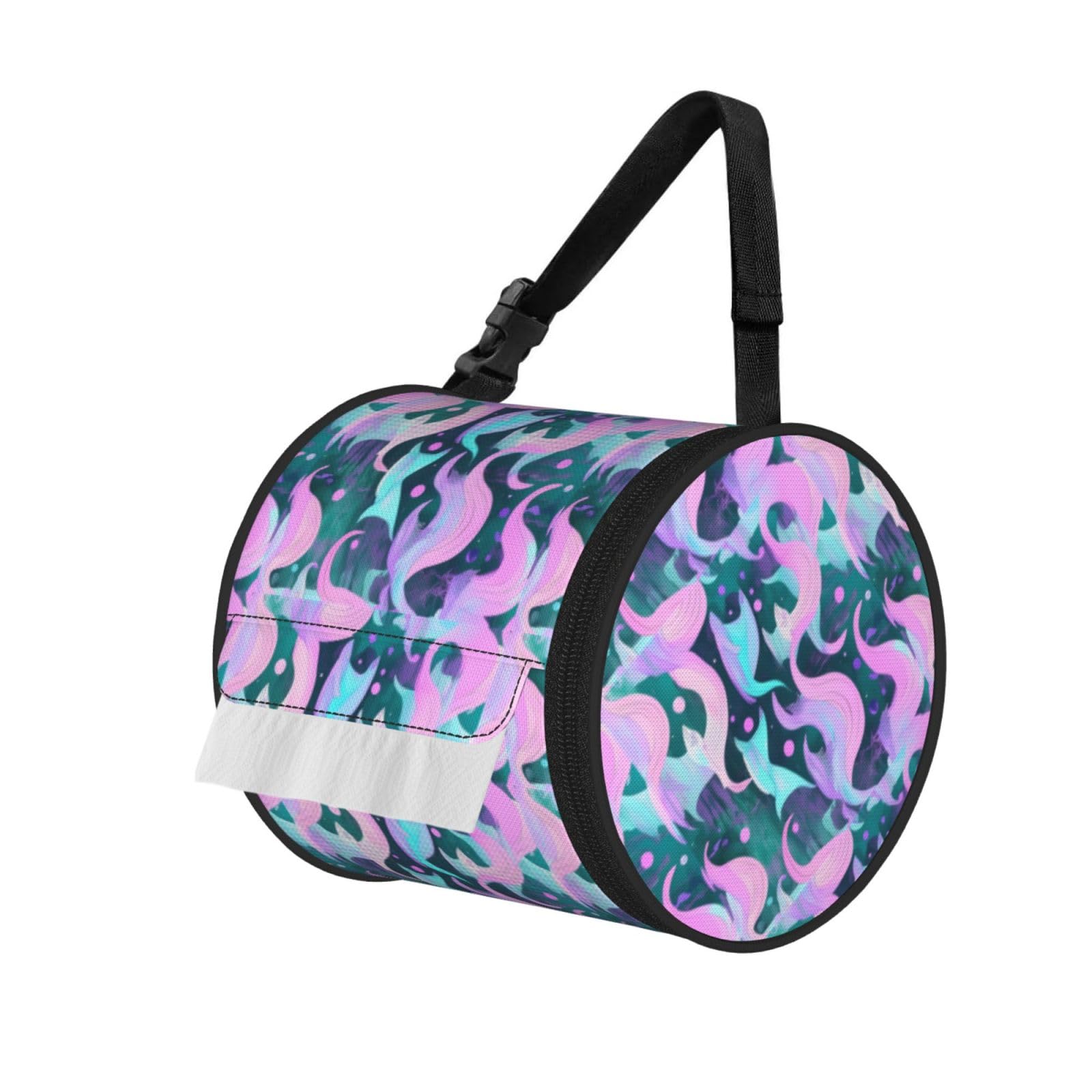 Mermaid Pastel Pink Aqua Print Cylinder Tissue Organizer Bag With Strap, Portable Toilet Roll Holder For Camping Car
