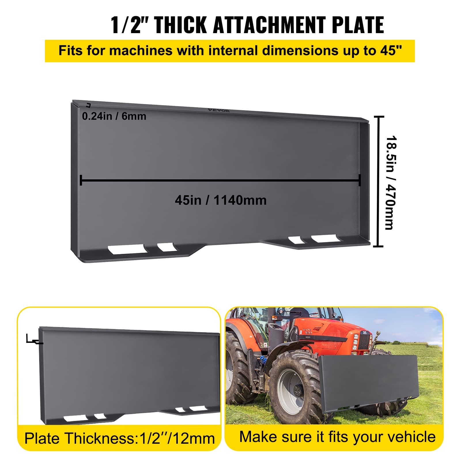 VEVOR Plaque de Montage Universelle à Fixation Rapide Épaisseur 12 mm Plaque de Fixation 1176x470x70 mm en Acier avec 3 Baguettes de Soudage pour Tracteur Chargeuse John Deere Kubota Bobcat Mahindra