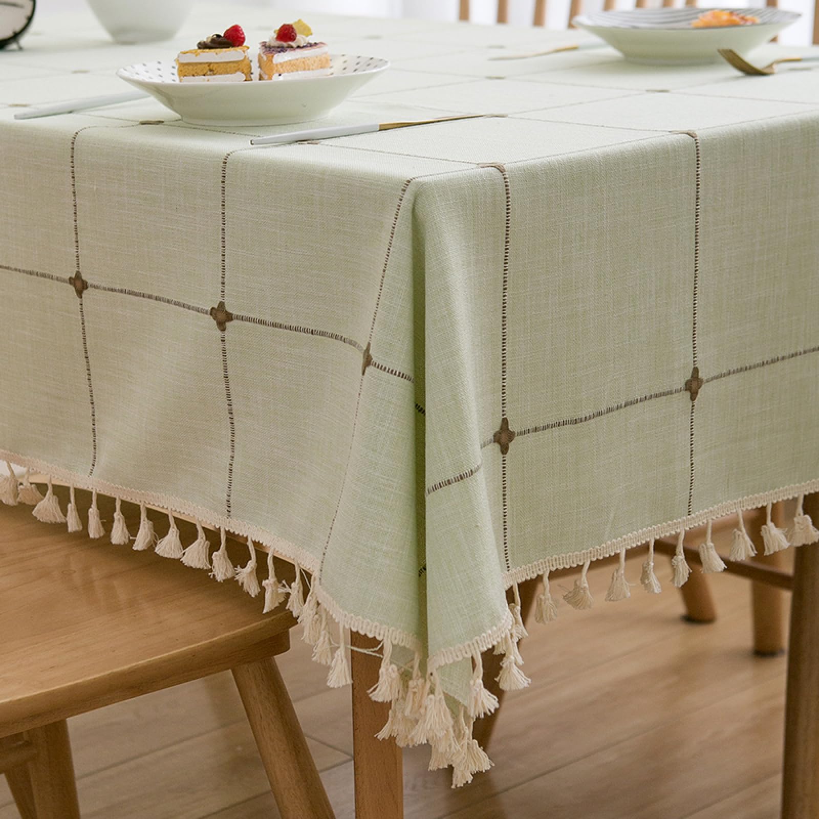 Tovaglia Da Tavolo Antifade Lino di Cotone Antimacchia con I Colori Chiari Non Sbiadisce Verde Chiaro a 130 × 220cm
