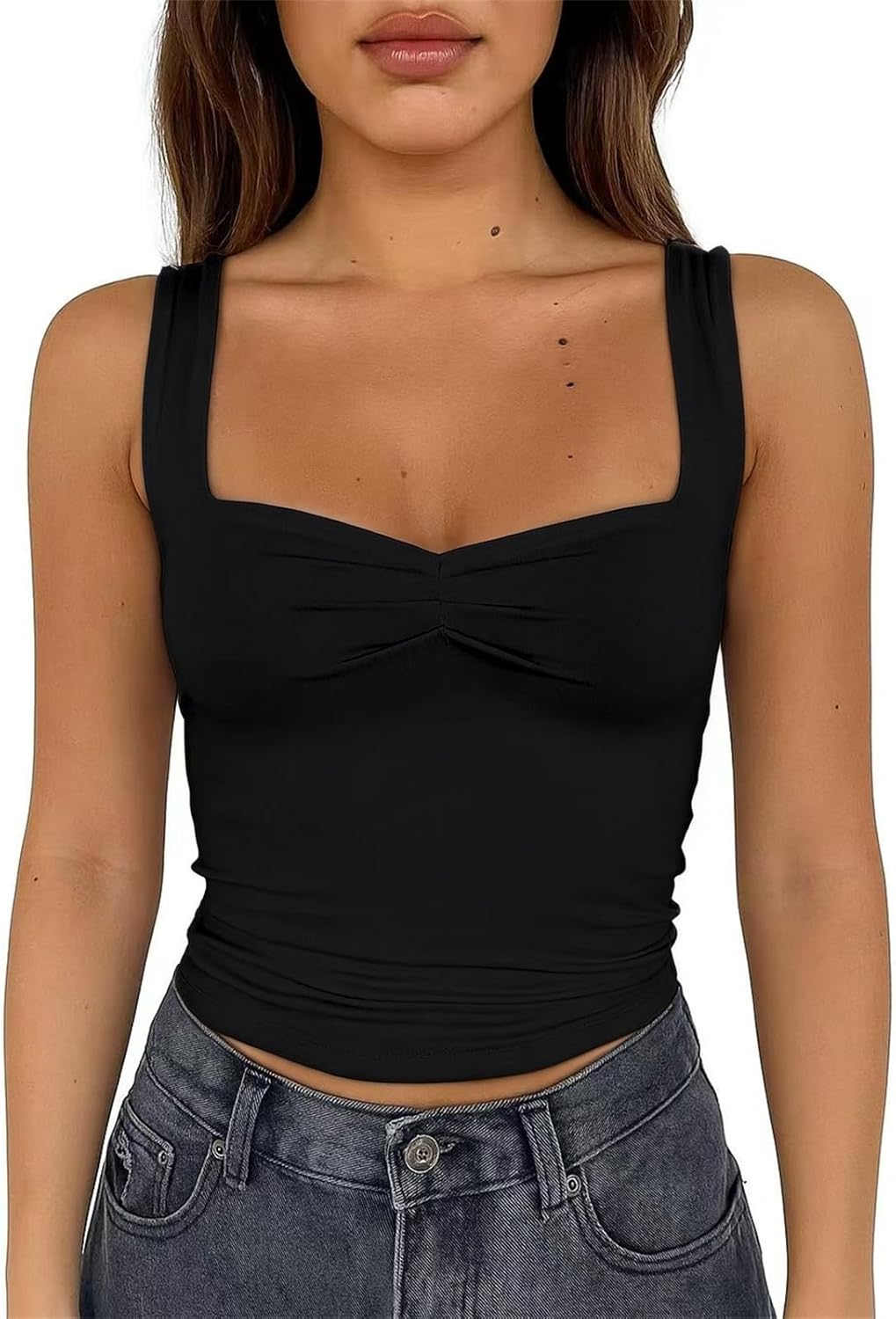 ForeFair Women's Sexy Sleeveless Tank Top Summer Going Out Top Pleated Sweetheart Neck Strap Tight Slim Fit Cute Tops - Image 2